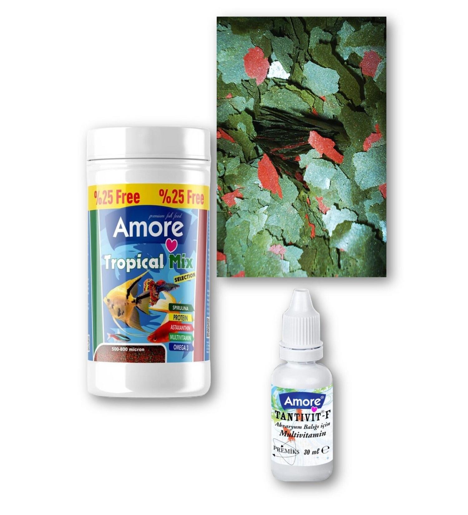 AMORE Guppy-angel-platy-moli Tropical Mix 125 Ml Sera Flora 100 gr Flake Fish Food Multivitamin