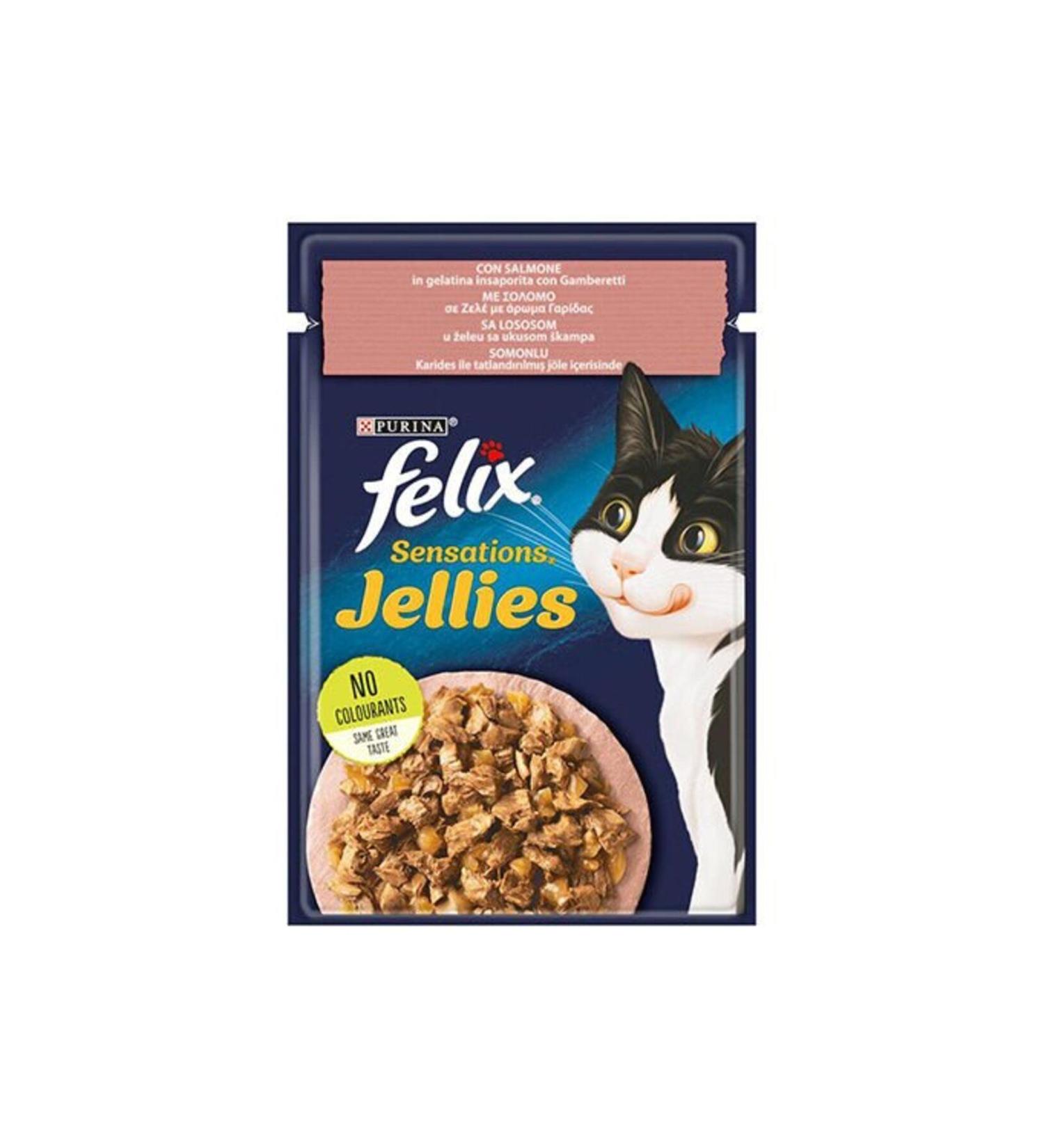 FELIX Pouch Sensation Jellies Adult Cat Canned Food with Salmon and Shrimp 26 Pieces 85 gr