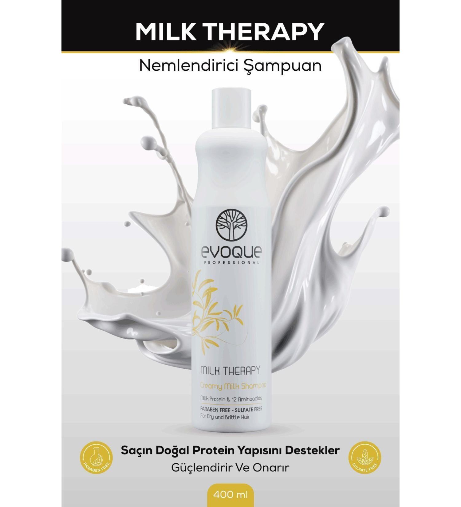 Evoque Milk Therapy Moisturizing Shampoo Contains Vitamin E Milk Protein and 12 Amino Acids Natural Care 400ml - Buy Online on GoSupps.com
