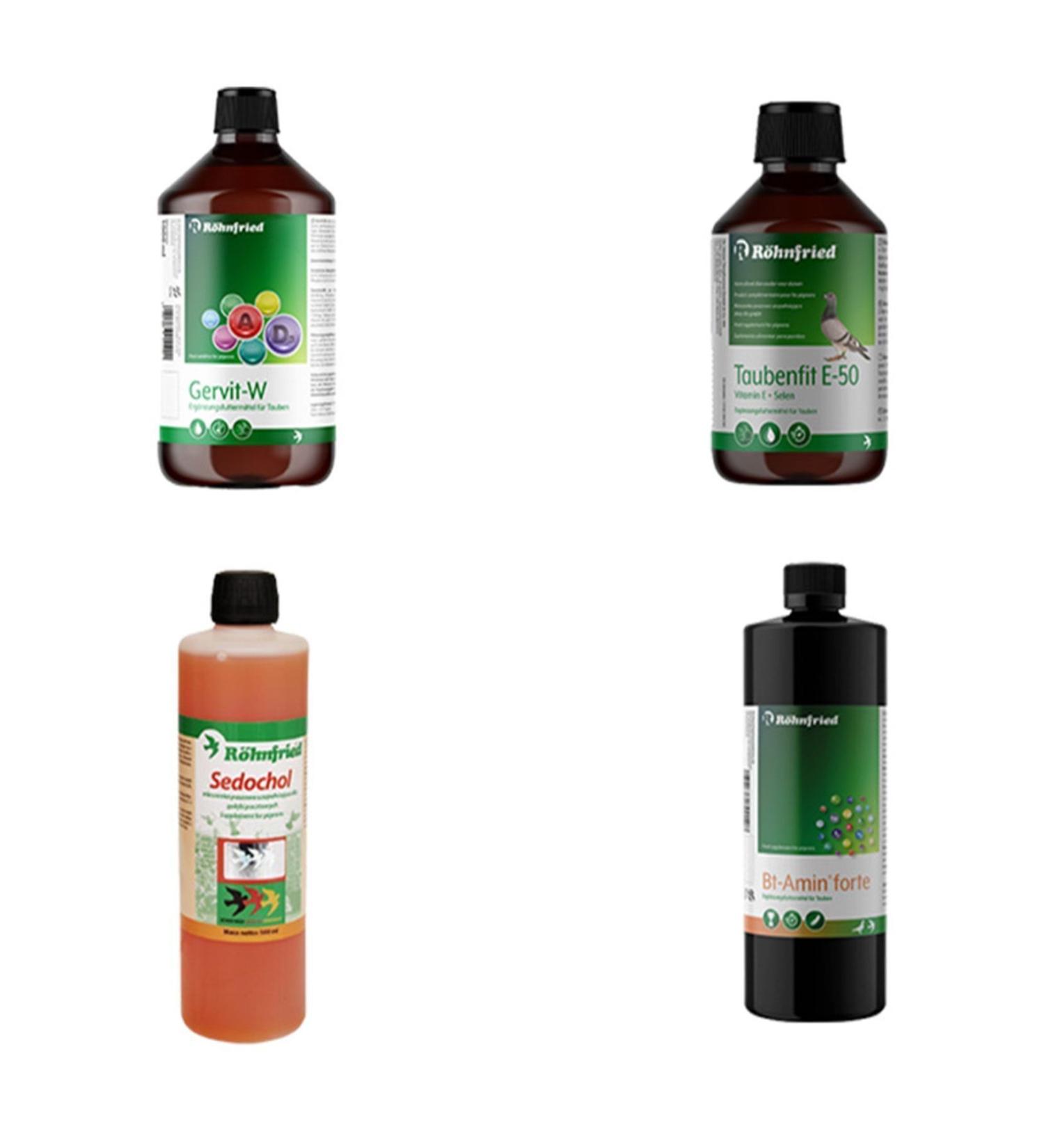 R hnfried 4-Pack Care Set Gervit-w-taubenfit E 50-bt Amin Forte-sedochol 4x20 ml (GLASS BOTTLE-DIVISION FROM ORIGINAL)