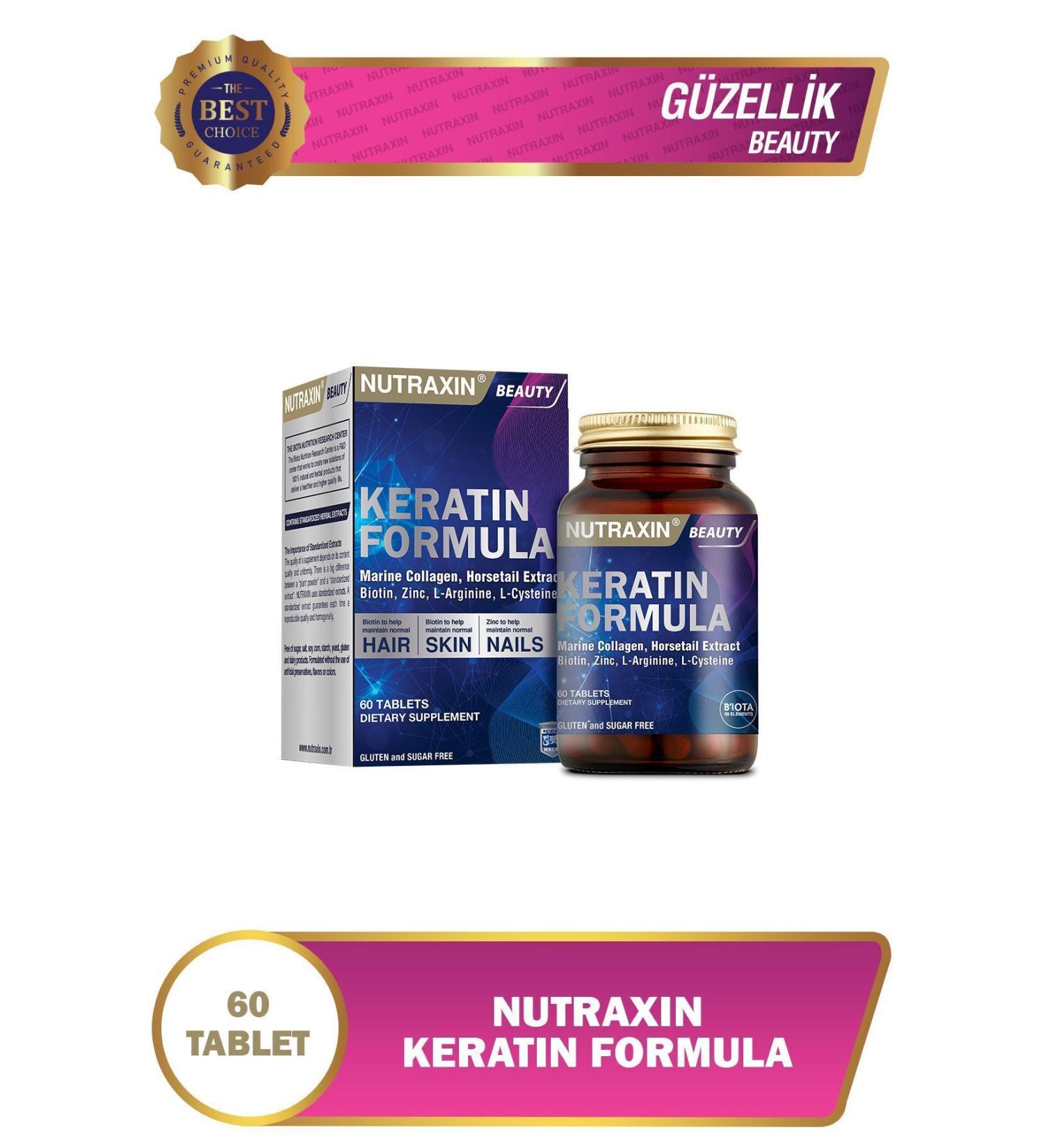 Nutraxin Keratin Formula 60 Tbl - Hair Care Vitamin Collagen Keratin Biotin Zinc L-arginine L-cysteine - Buy Online on GoSupps.com