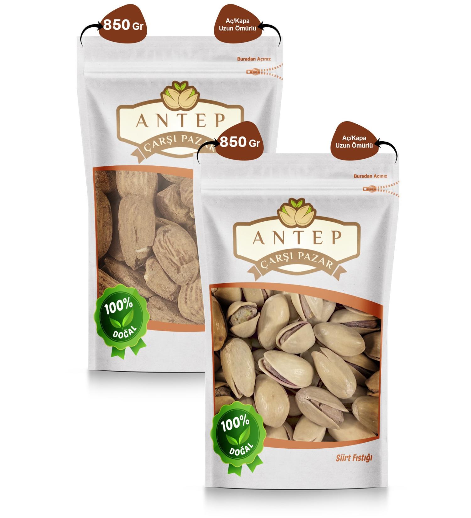 Antep Bazaar Roasted Local Almonds 850 Gr. | Main Cracked Siirt Pistachios 850 Gr.