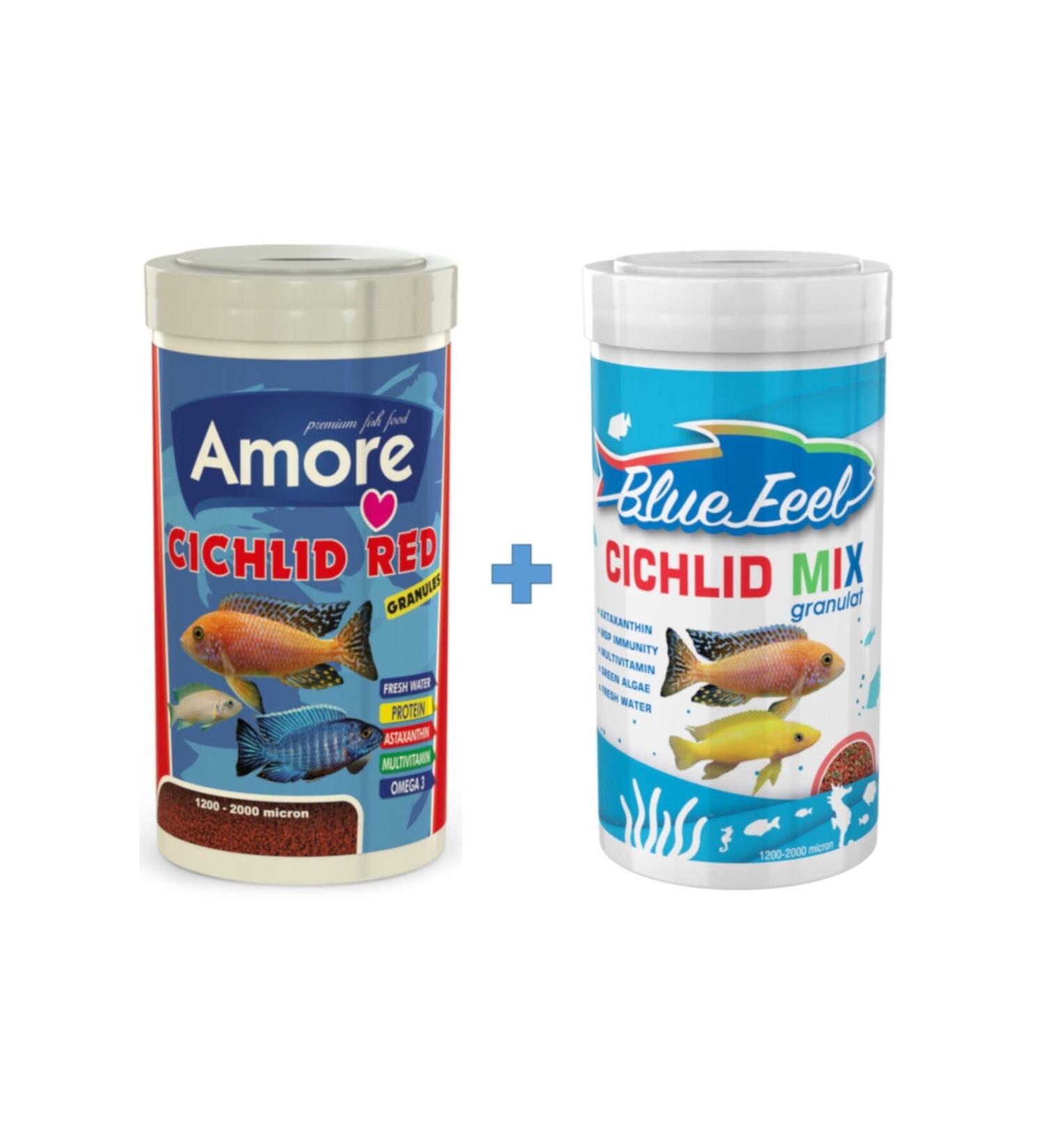 AMORE Cichlid Red Granules 1000ml + Blue Feel Cichlid Mix Granulat 1000ml Box
