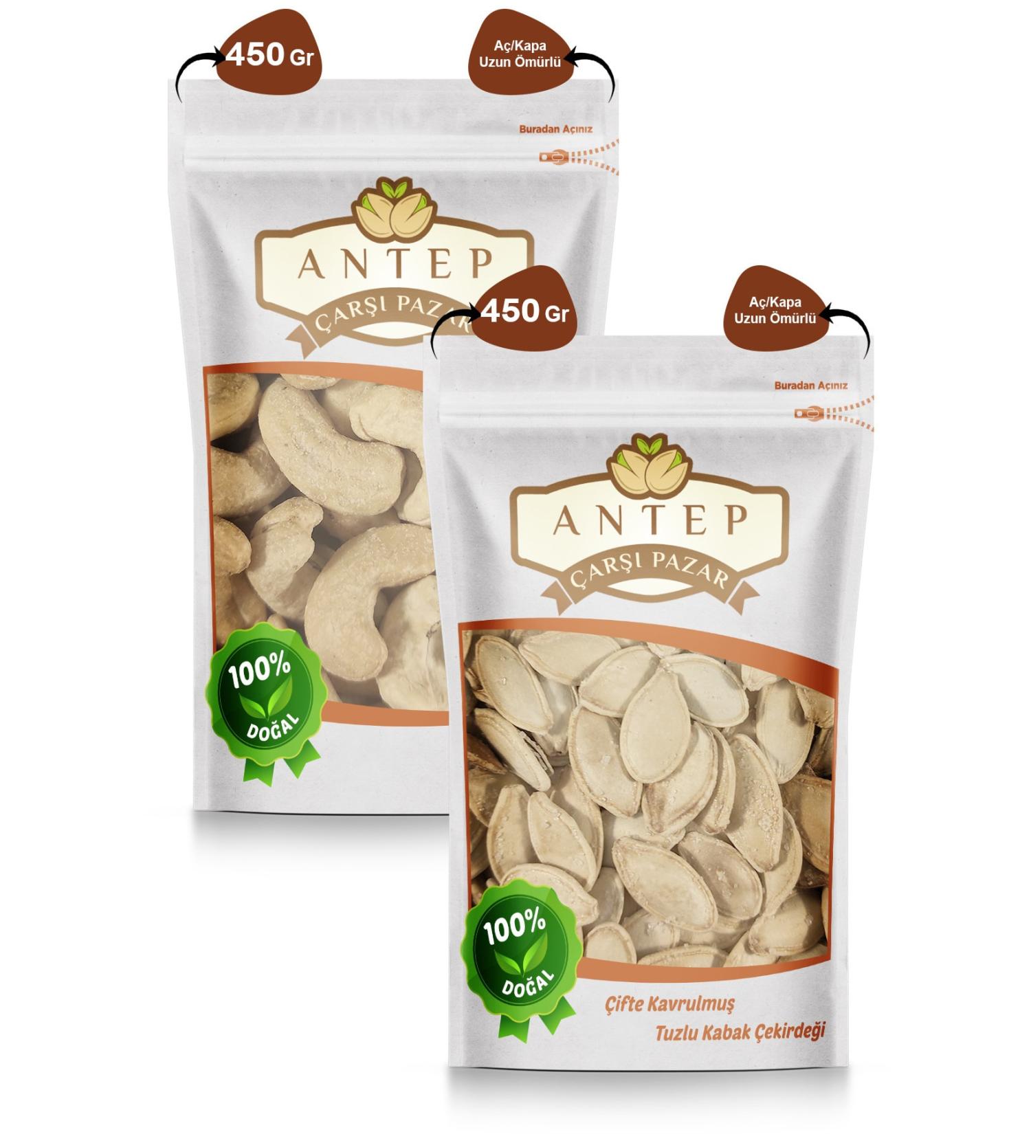 Antep Bazaar Market Double Roasted Salted Pumpkin Seeds 450 Gr. | Roasted Jumbo Cashews 450 Gr.