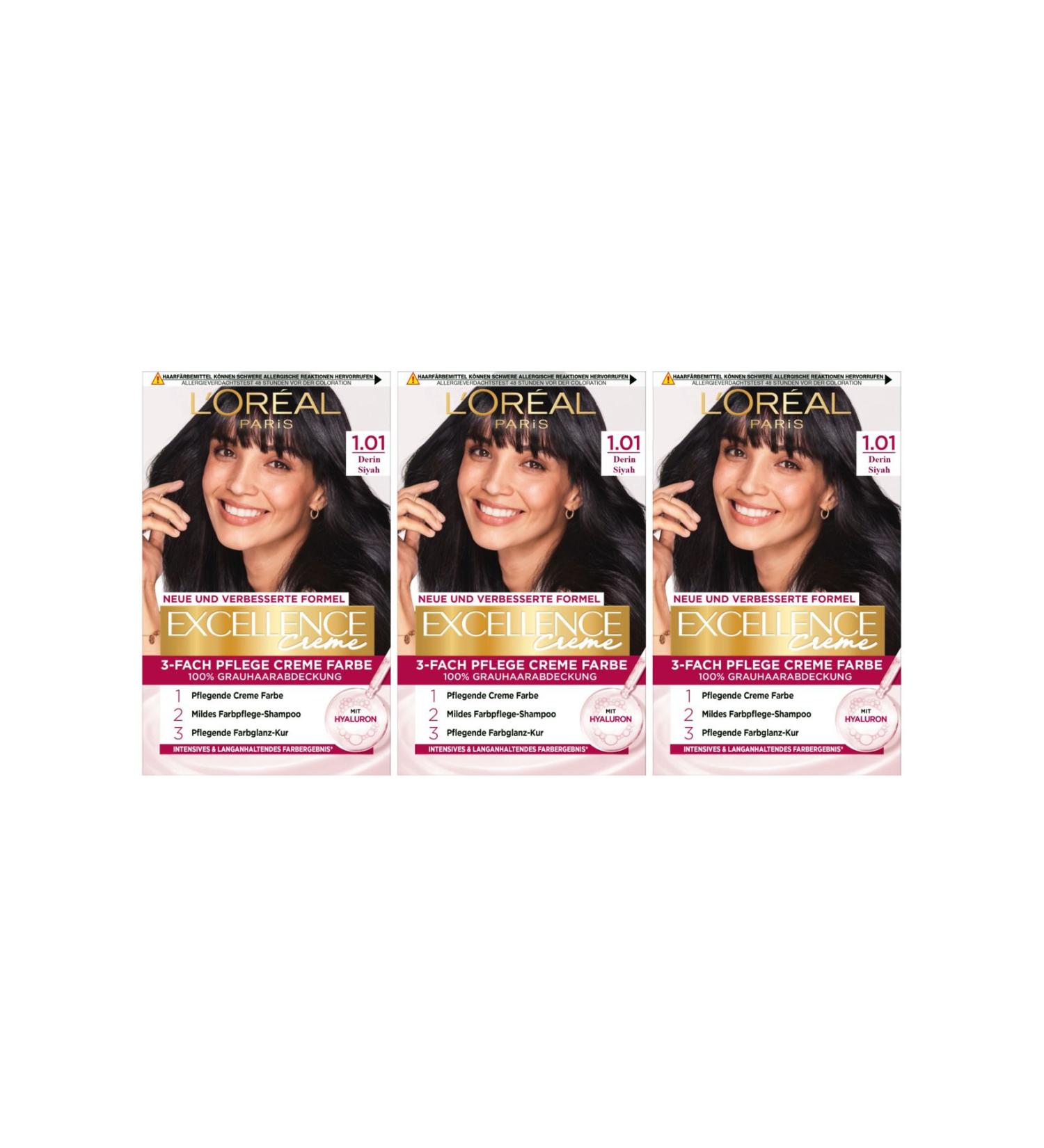 L'Oreal Paris Excellence Hair Dye 1.01 Deep Black 3-Piece Set