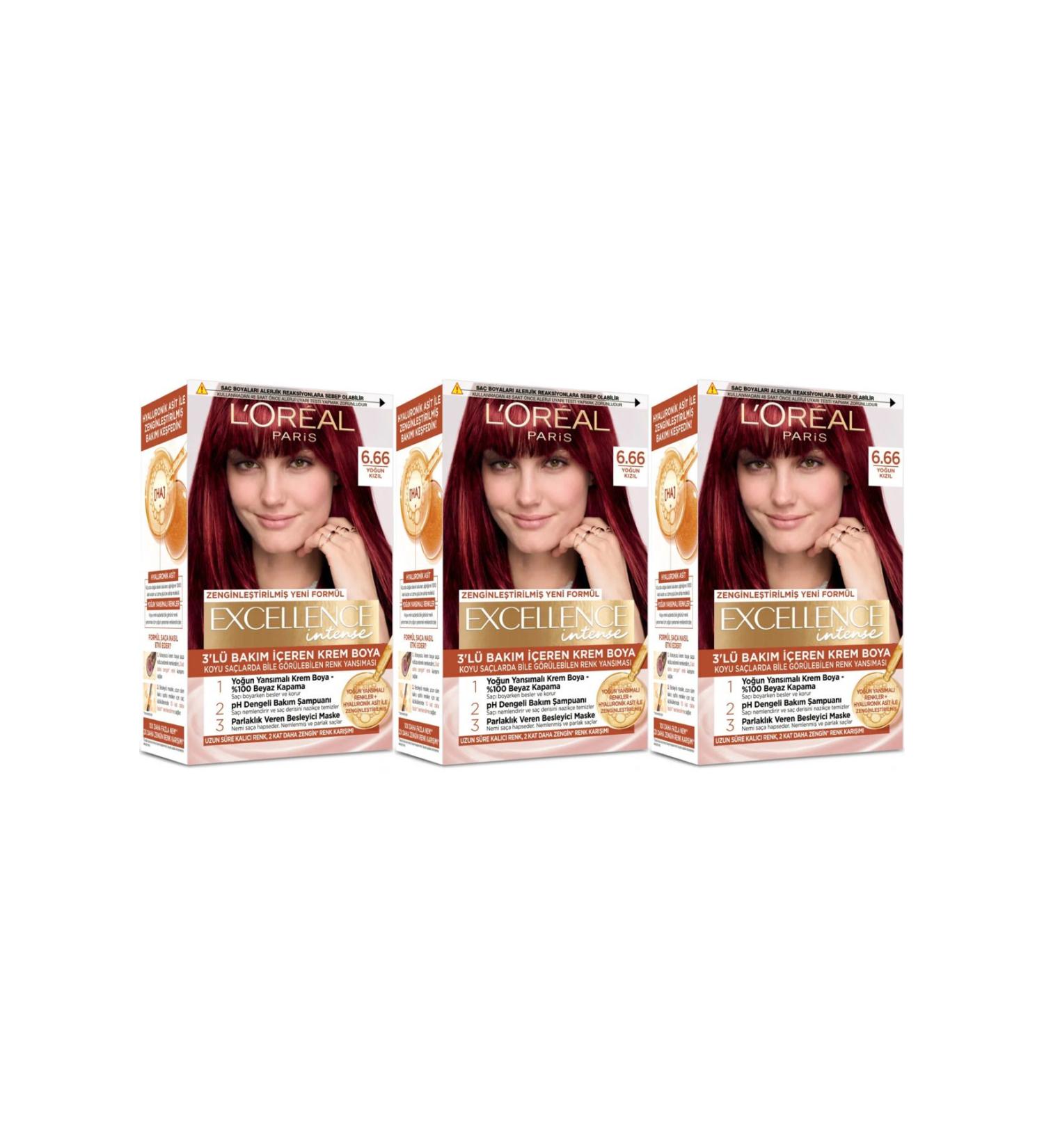 L'Oreal Paris Excellence Hair Dye 6.66 Intense Red 3-Piece Set