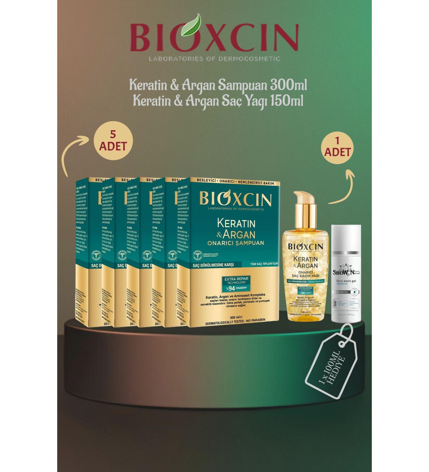 Bioxcin Keratin & Argan Shampoo 300ml 5 PCS + 1 Hair Oil 150ml + 1 Gel Gift SET - Buy Online on GoSupps.com