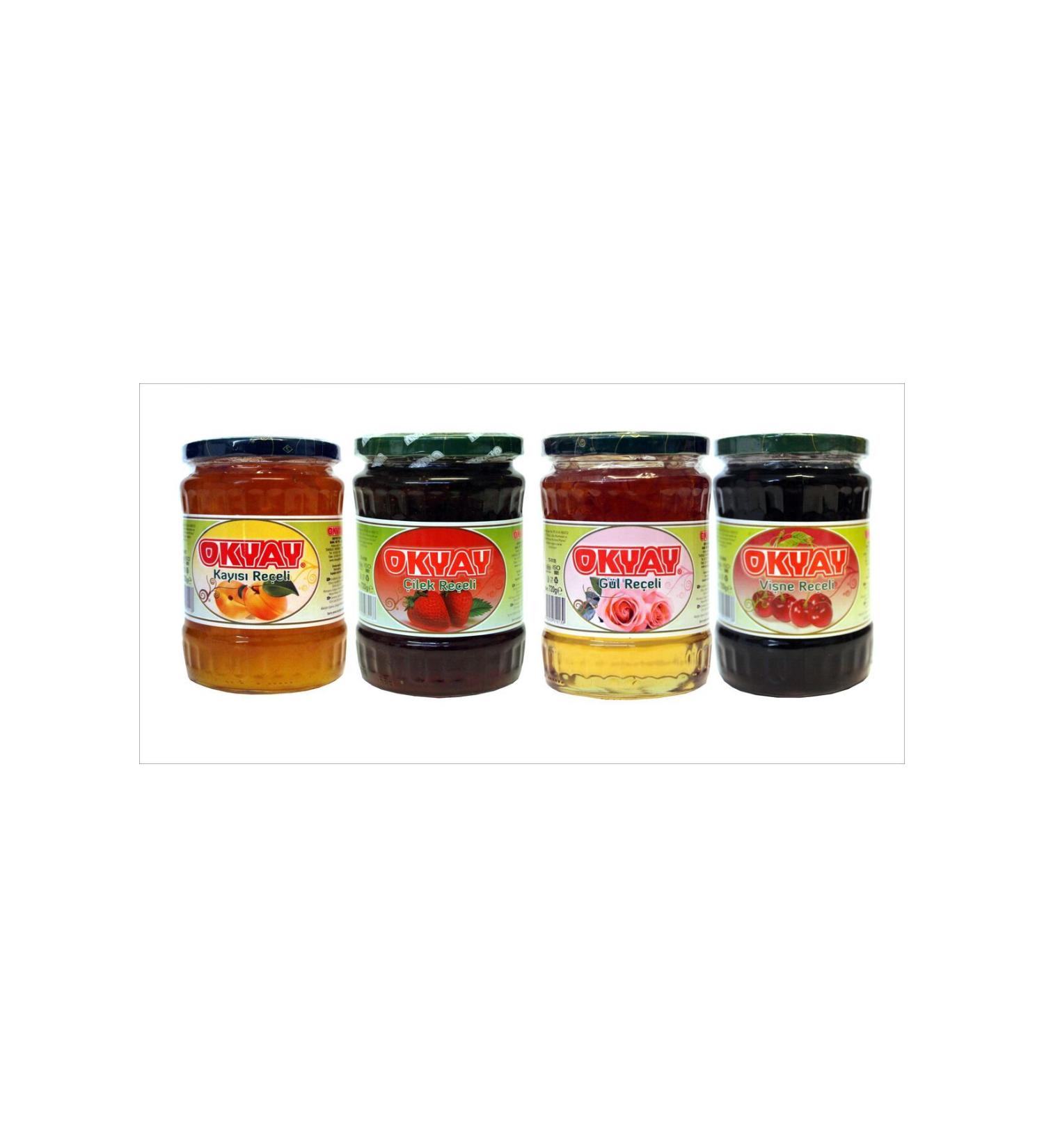 Okyay ADVANTAGE PACKAGE OF 4! (720 GR. SOUR CHERRY STRAWBERRY APRICOT ROSE JAM)