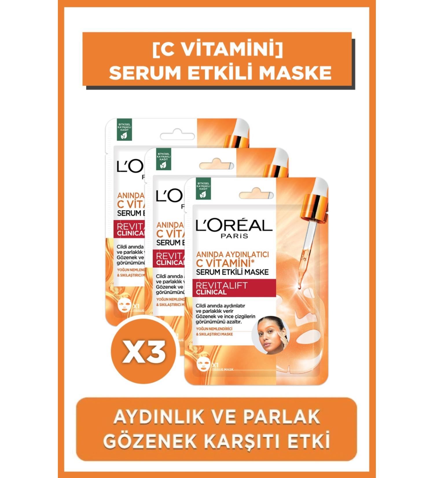 L'Oreal Paris 3-Pack Revitalift Clinical Instant Brightening Vitamin C Serum Effect Mask - Buy Online on GoSupps.com