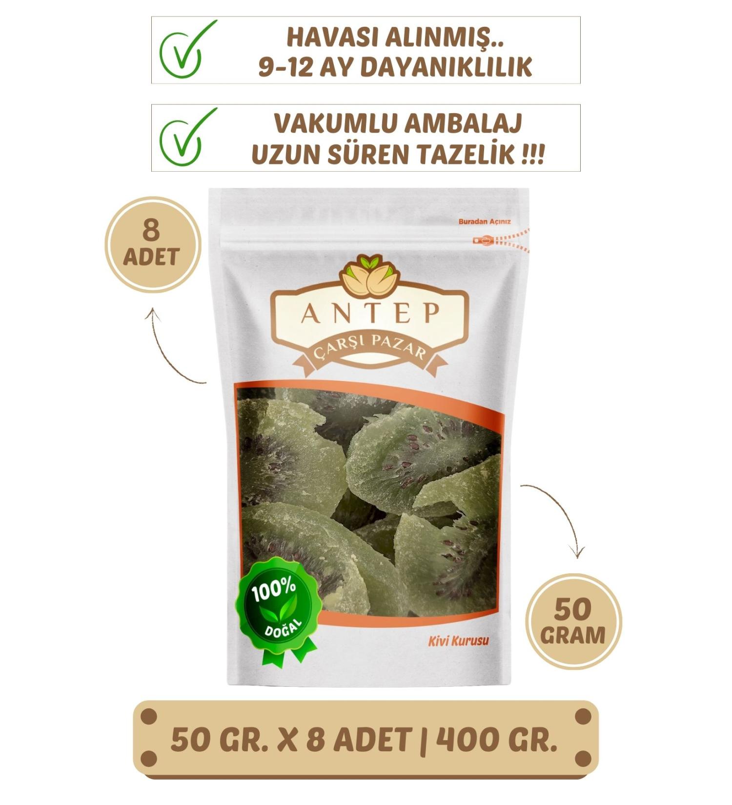 Antep Bazaar Kiwi Dried Fruit | 50 Gr. X 8 Pieces | VACUUM PACKAGING