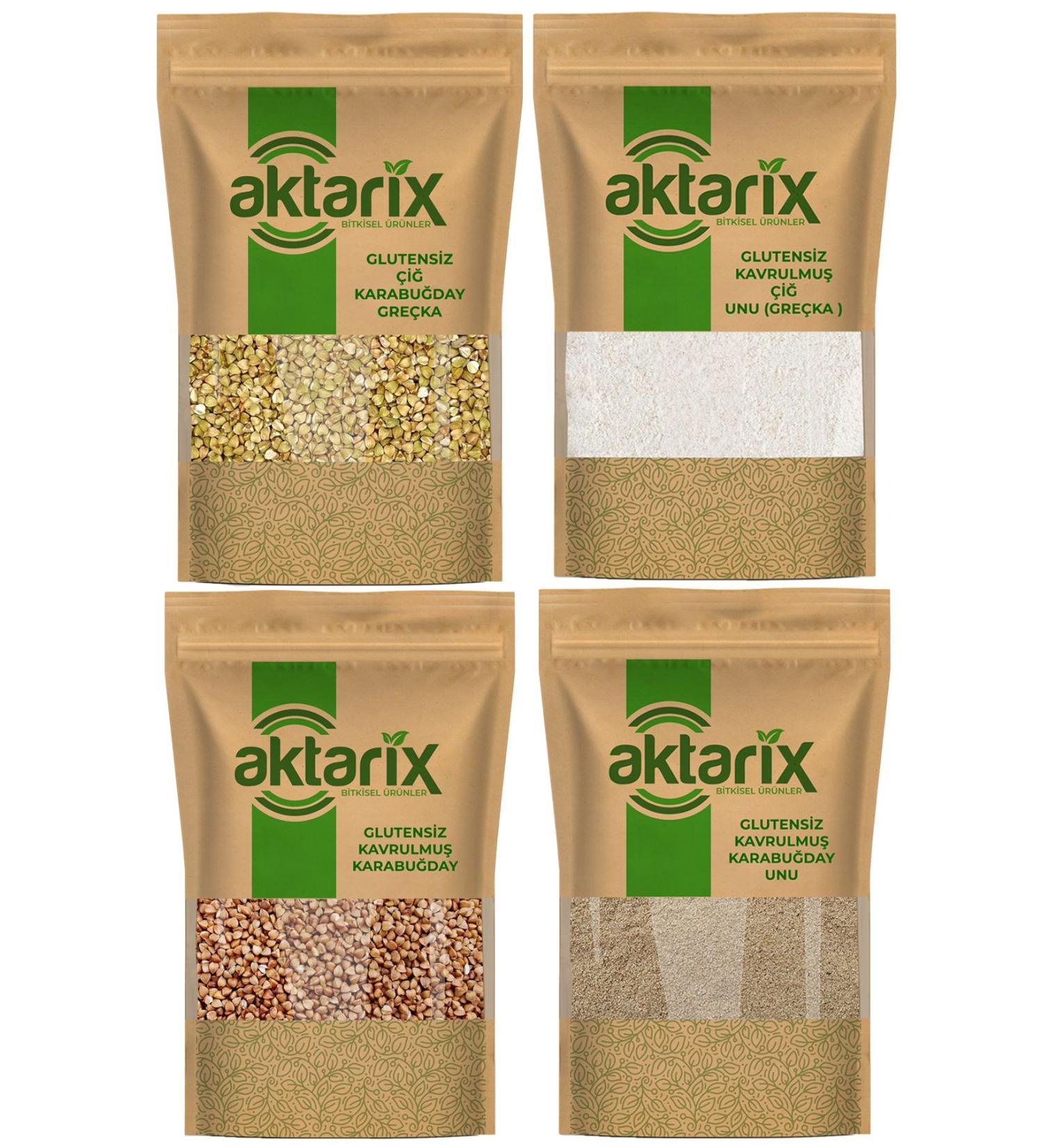 Aktarix 4-Piece 2 Kg Buckwheat Set 500 Grams Raw Flour and Grain 500 Grams Roasted Grain and Flour Gre ka