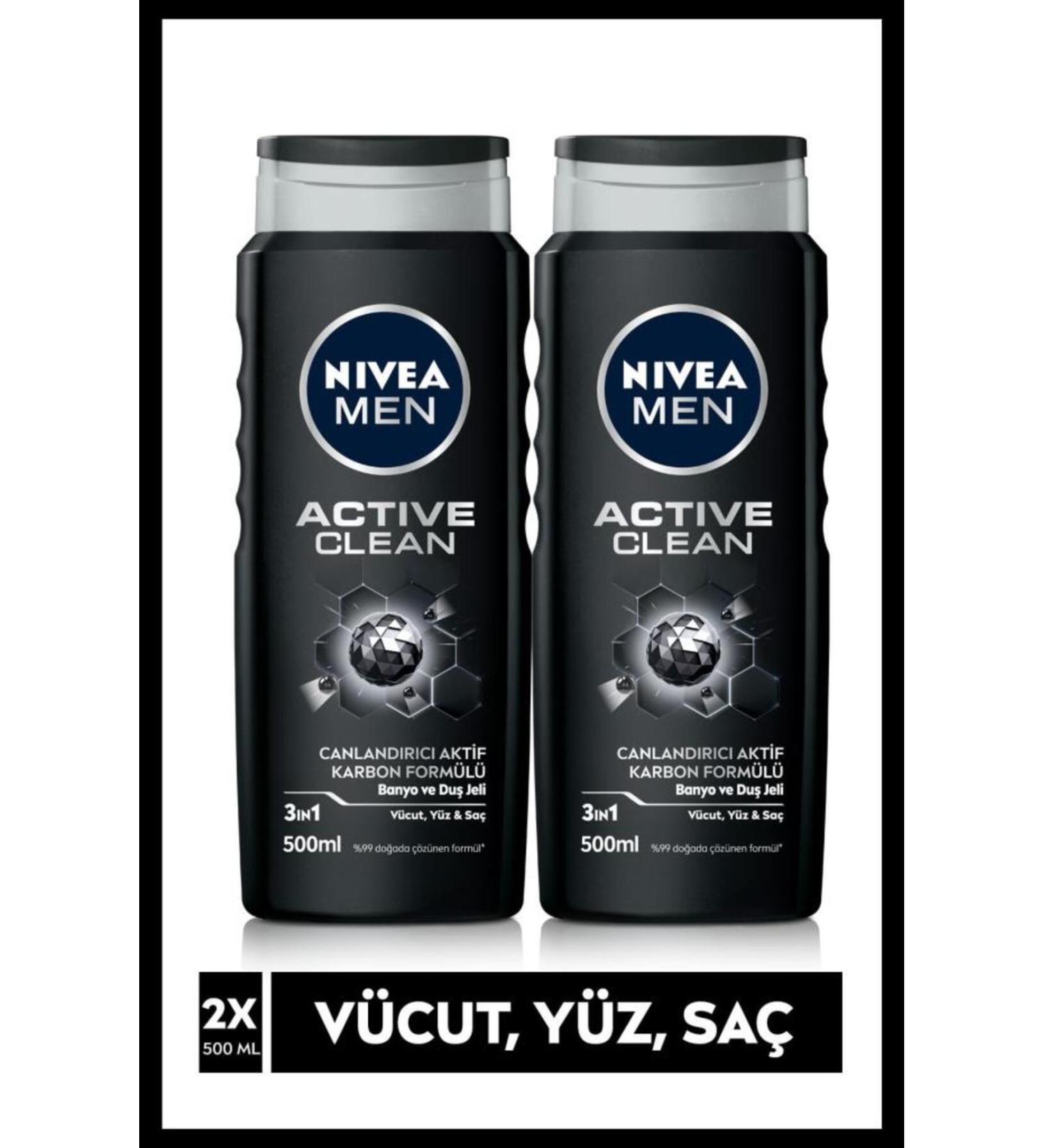 NIVEA MEN Men's Shower Gel Active Clean 500ml 3 in 1 Complete Care Body Hair Face Men's Care X2 Pieces - Buy Online on GoSupps.com