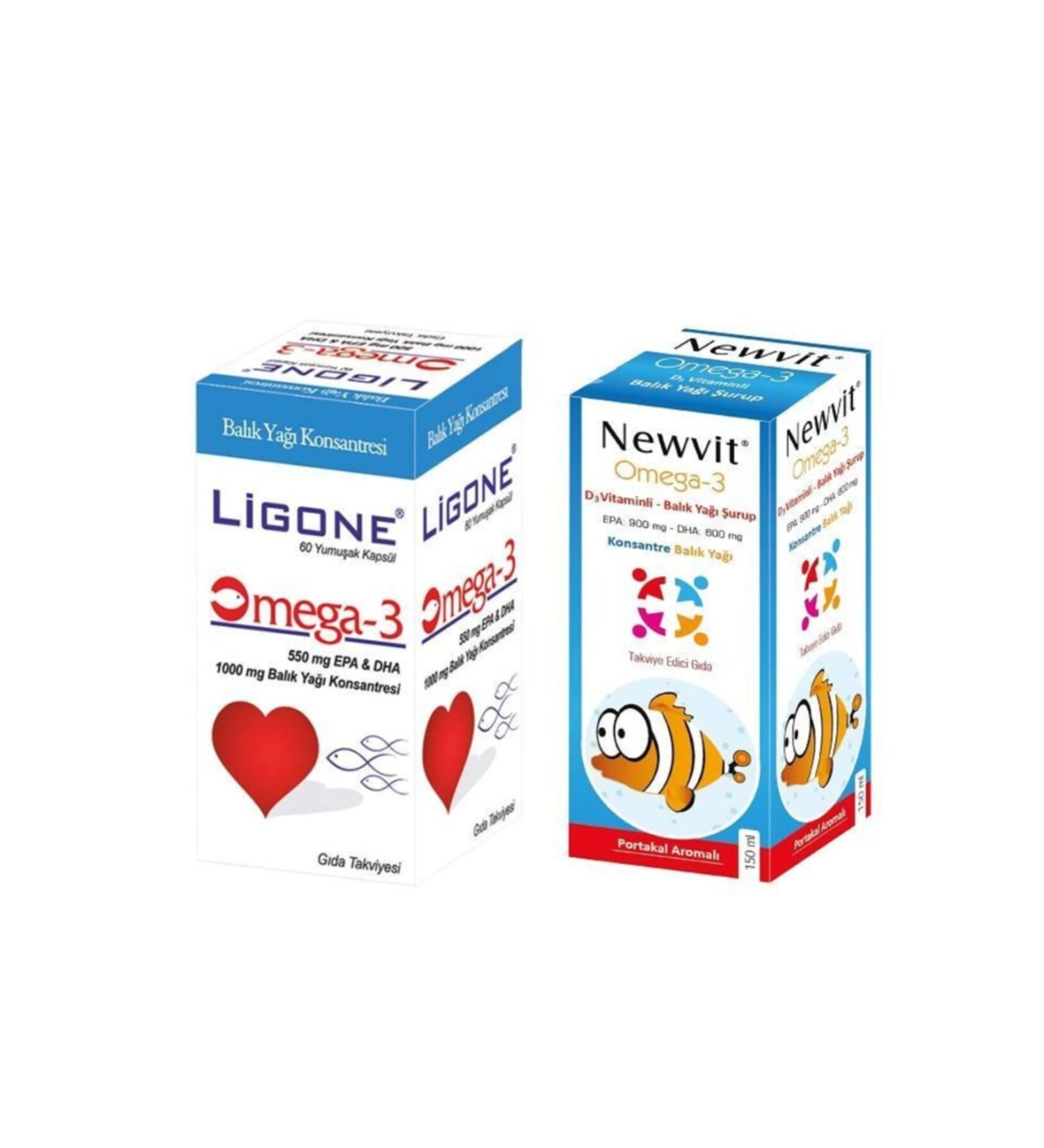 Ligone Omega-3 Softgel + Newvit Omega-3 d3 Vitamin Syrup 150 Ml