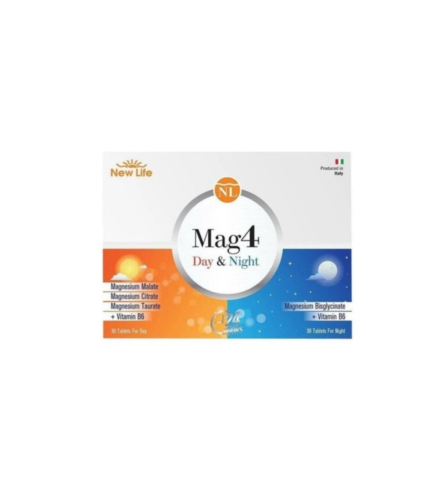 New Life Mag4 Day & Night Magnesium 60 Tablets Citrate - Malate - Taurate - Bisglycinate - Vitamin B6