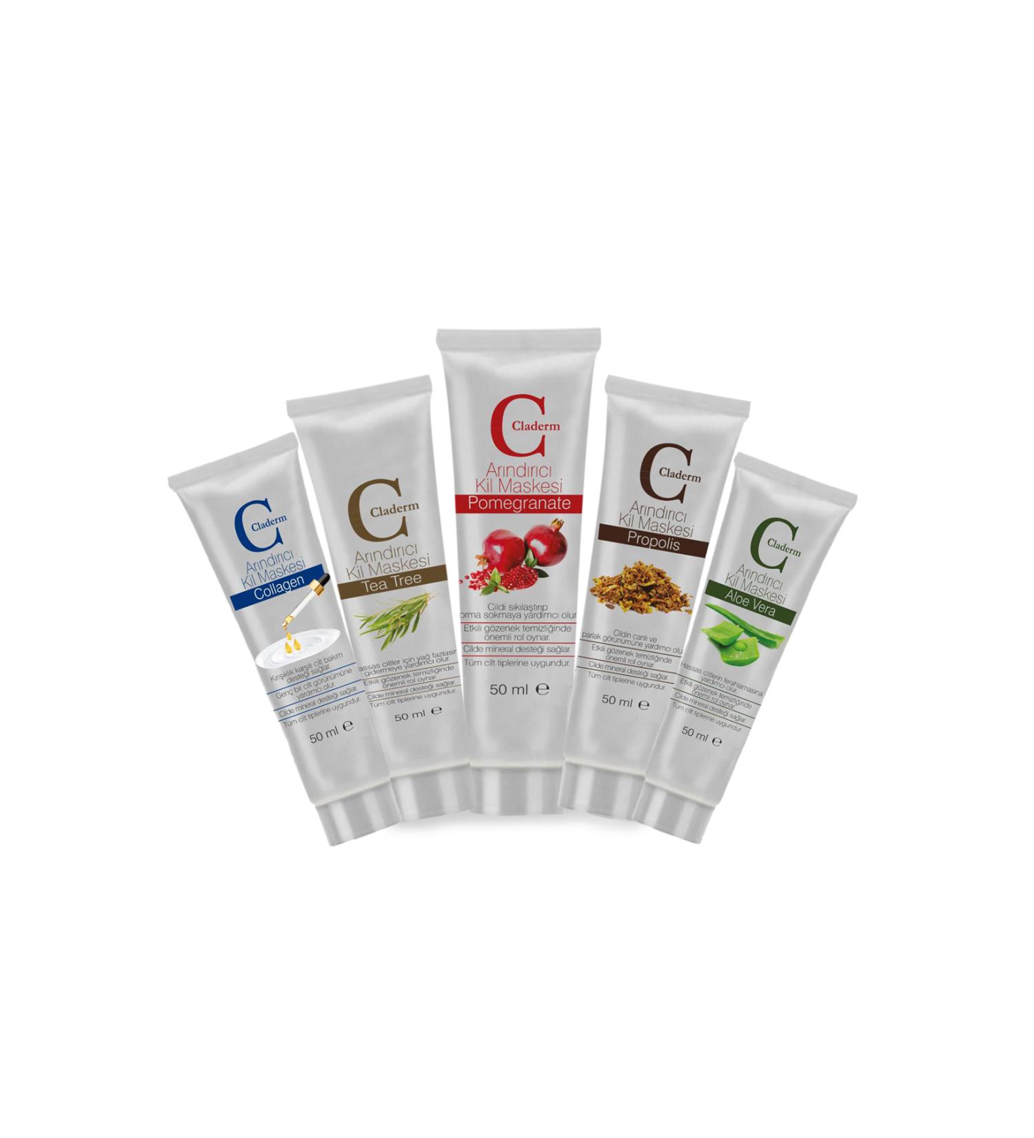 Claderm 5 pack 50ml. (ALOE TEA TREE POGRANATE PROPOLIS COLLAGEN) Set