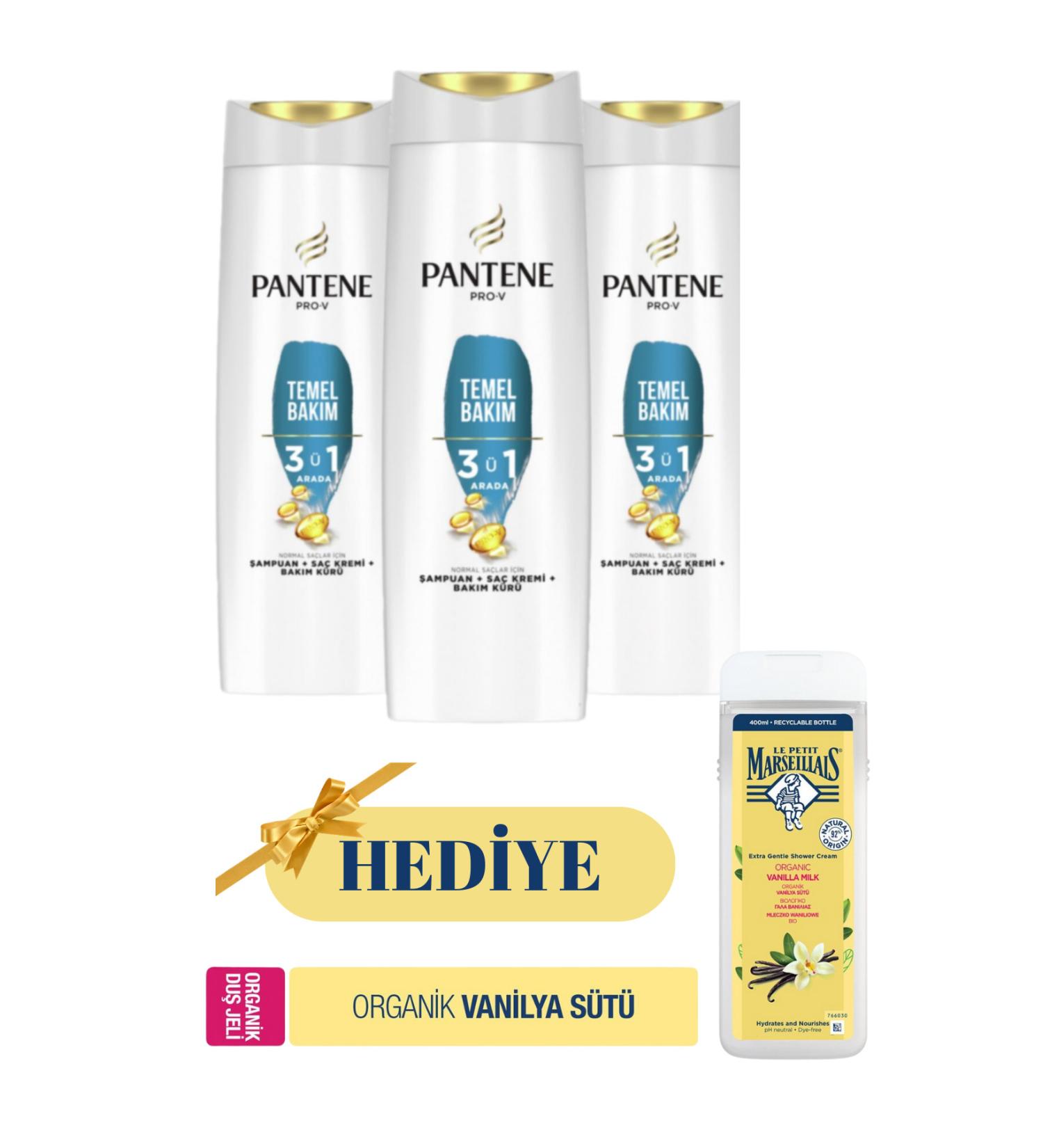 Pantene 3 in 1 Basic Care Shampoo 3x350 ml + (GIFT) Le Petit Vanilla Shower Gel 400ml - Buy Online on GoSupps.com