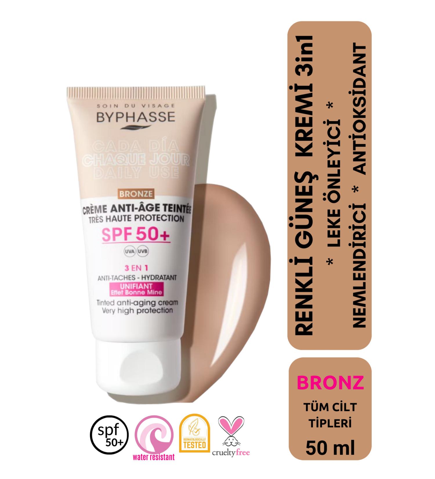 BYPHASSE Anti-Aging Tinted Liquid Sunscreen Bronze Color - New Generation Sun Filter Hybrid Formula 50ml
