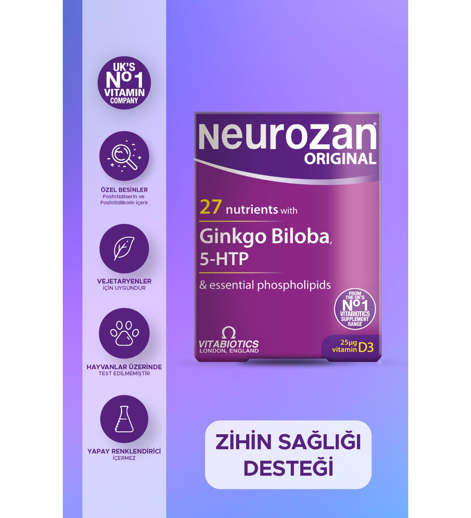 Neurozan Ginkgo Biloba Extract 5 HTP Vitamin D Containing Focus Support Vitamin 30 Tablets