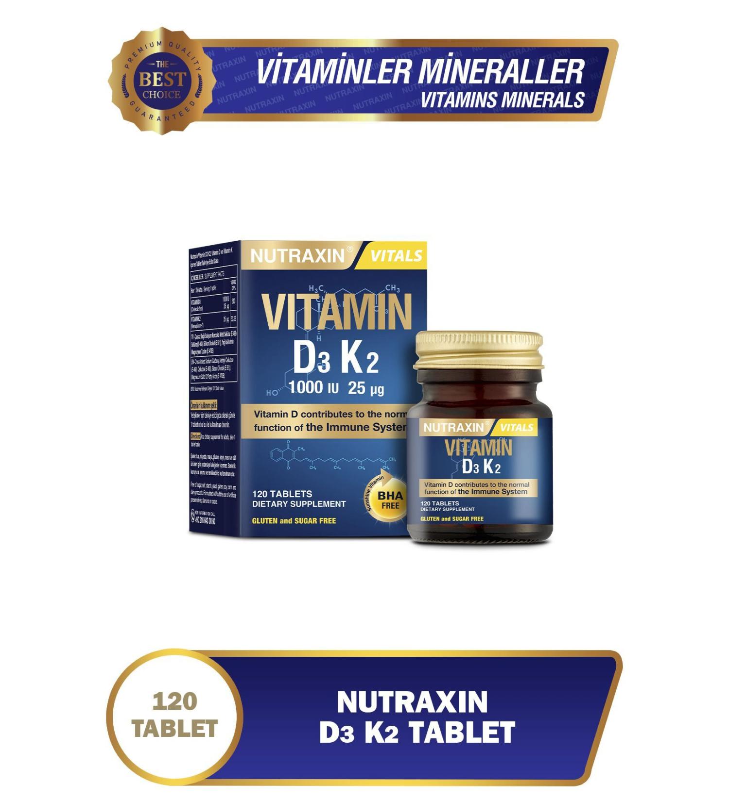 Nutraxin D3K2 120 Tablets - 1000 IU vitamin D3 25 mcg vitamin K2
