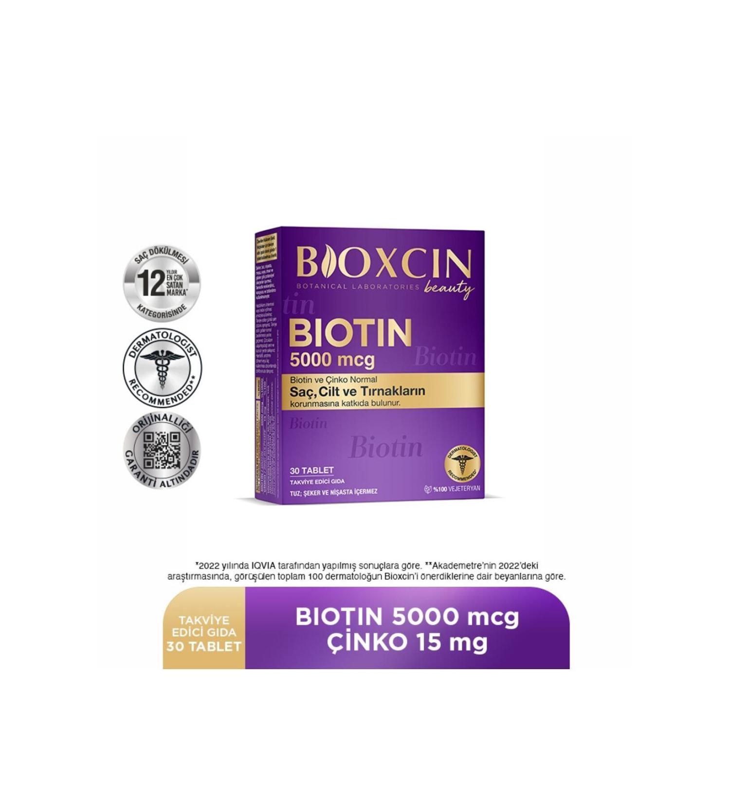 Bioxcin Biotin 5.000 Mcg 30 Tablets - Biotin Zinc 15 Mg Hair and Nail Vitamin - Buy Online on GoSupps.com