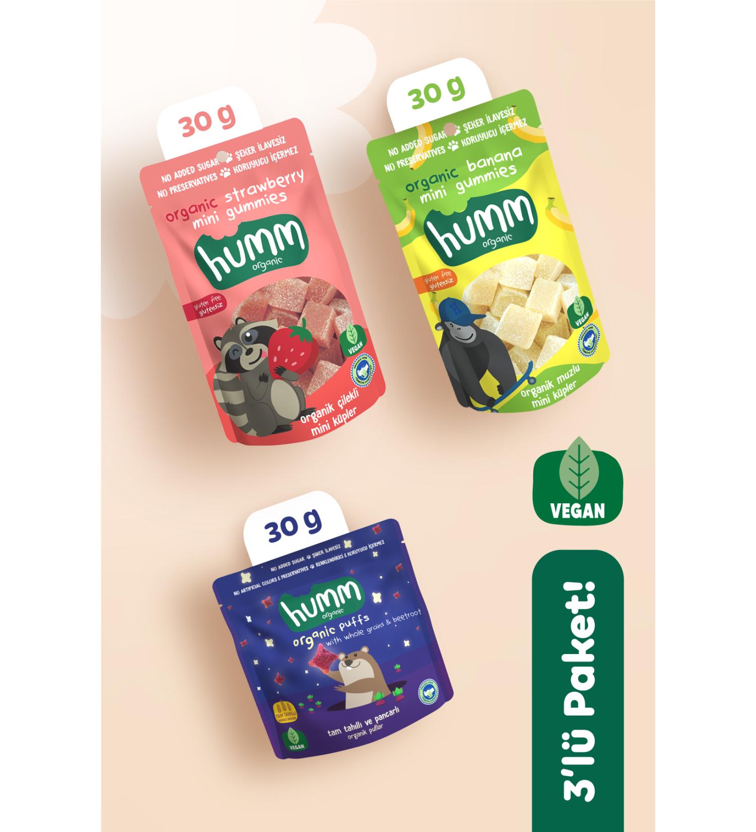 Humm Organic Organic Vegan Puff & Fruity Mini Cubes Snack Pack - 3 Pieces (3 TYPES) - Buy Online on GoSupps.com