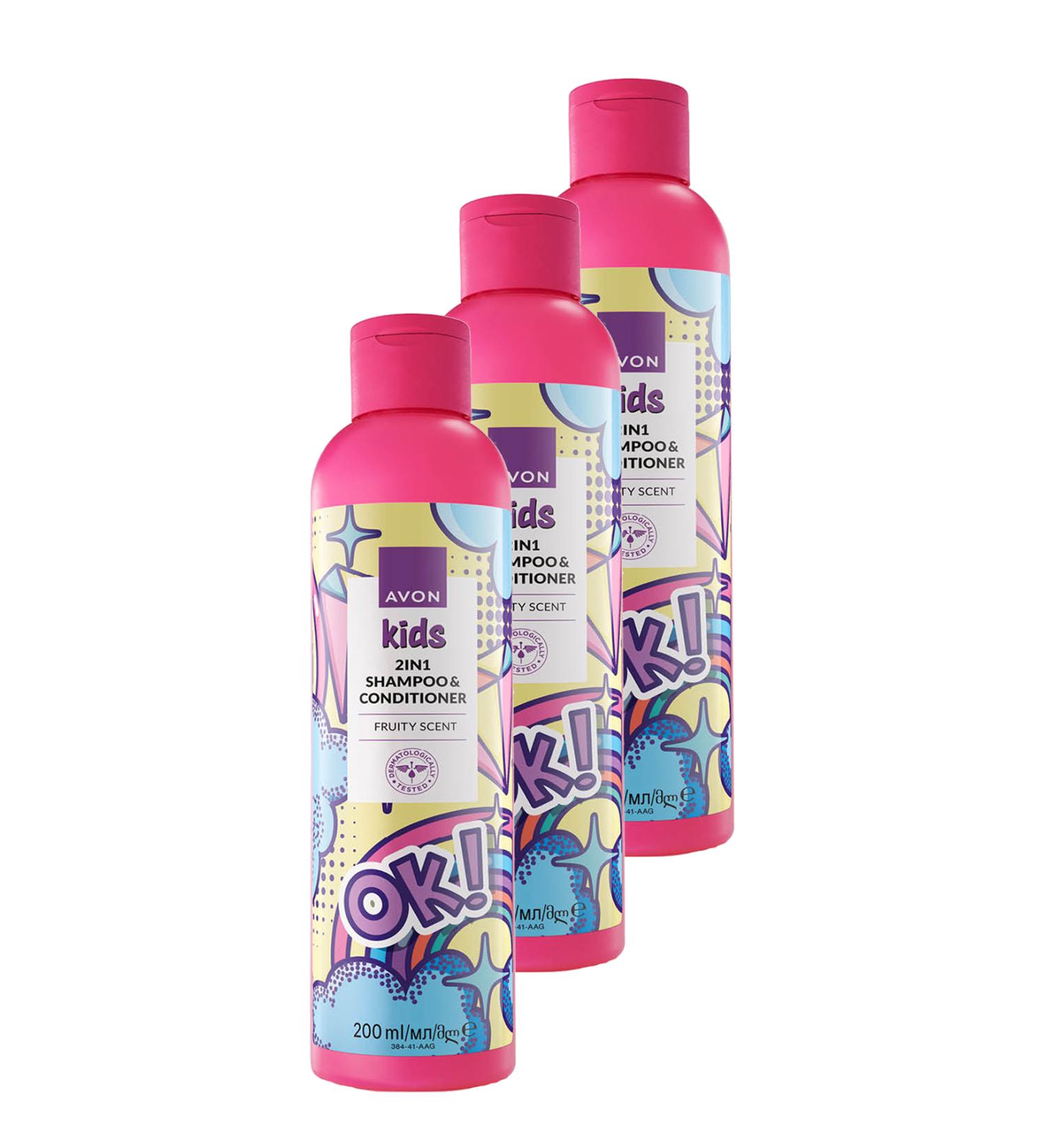 Avon Kids OK 2 in 1 Fruit Scented Shampoo and Conditioner 200 Ml. Triple Set