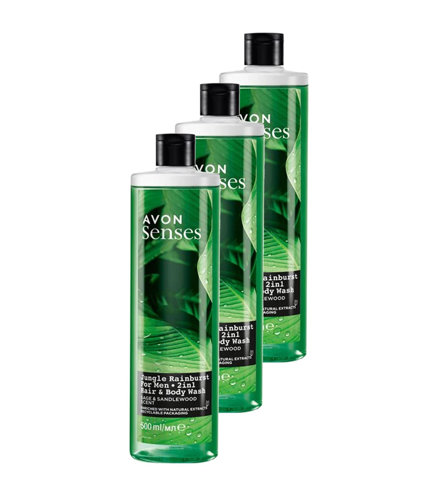 Avon Senses Sage and Sandalwood Scented Men's Hair and Body Shampoo 500 Ml. Triple Set