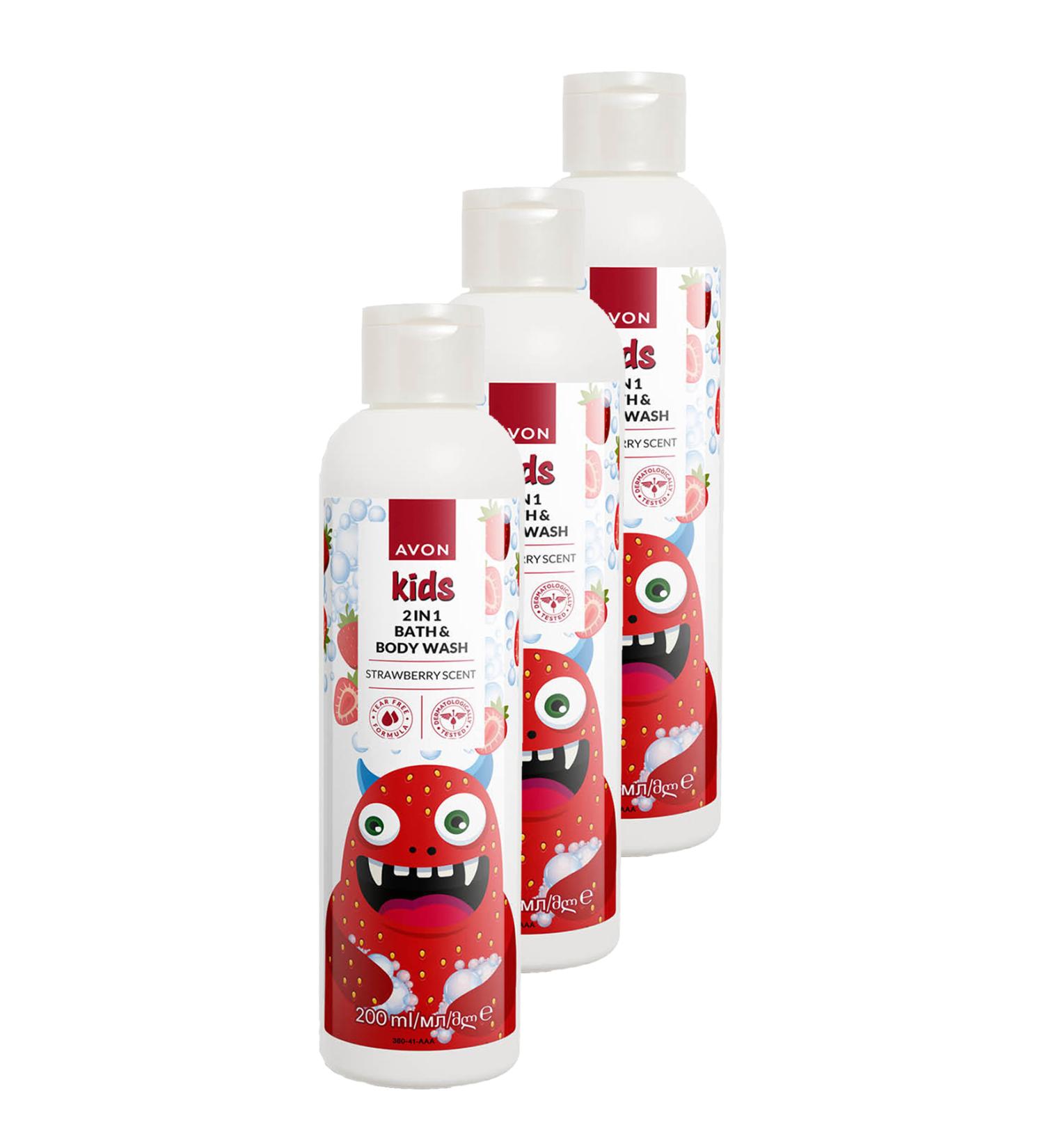 Avon Kids 2 in 1 Strawberry Scented Bath and Body Wash for Children 200 Ml. Triple Set
