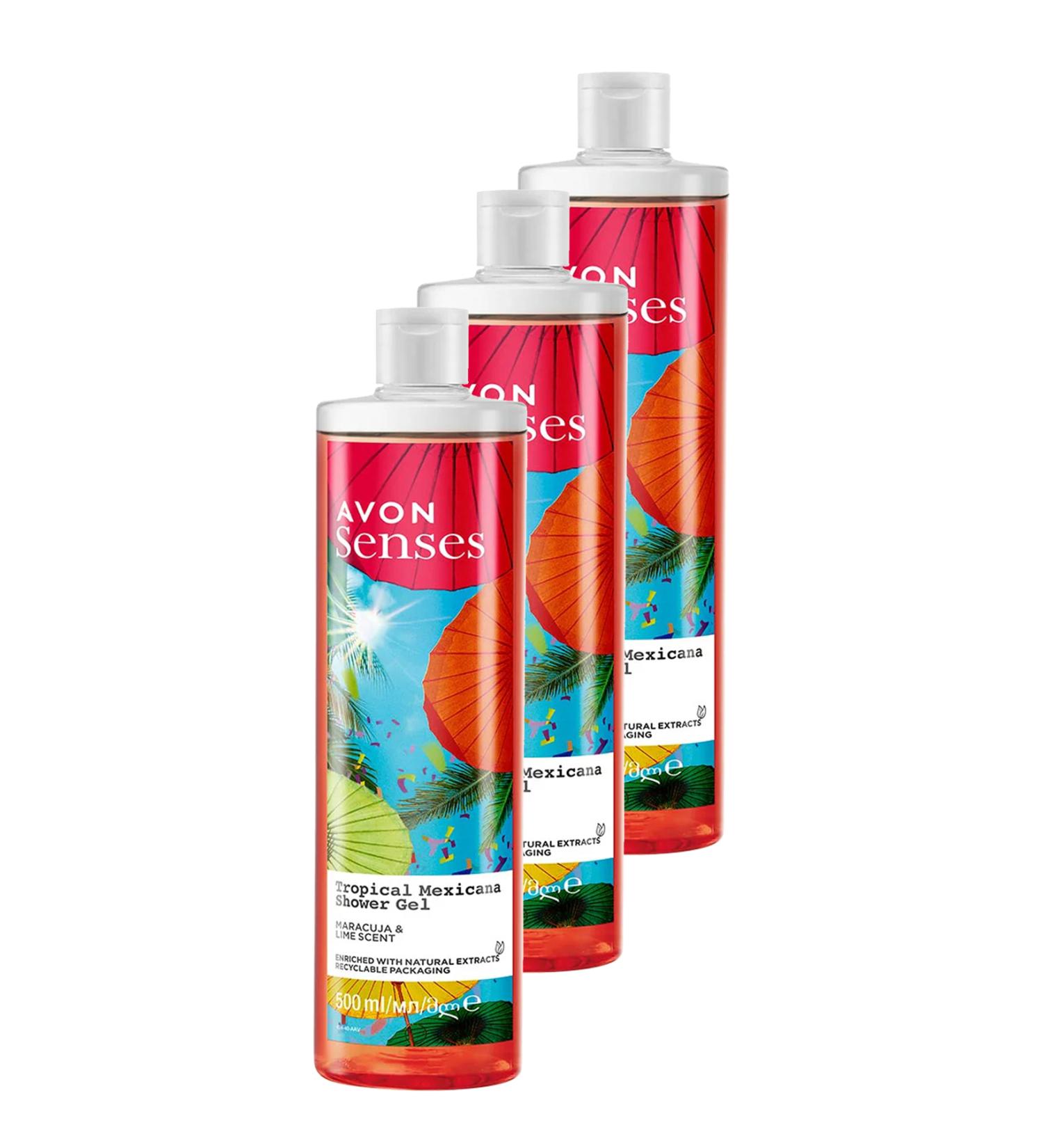 Avon Tropical Mexicana Passion Fruit and Lemon Scented Shower Gel 500 Ml. Set of Three