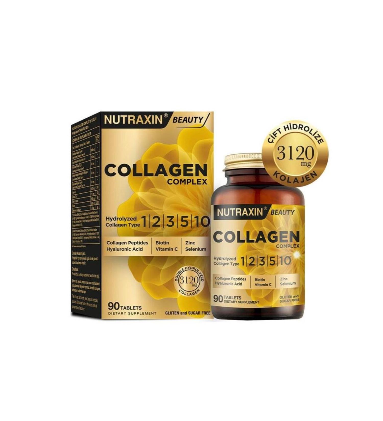 Nutraxin Collagen Beauty Complex 90 Tbl - Hydrolyzed Type 1 2 3 5 10 Biotin Zinc Copper Hya