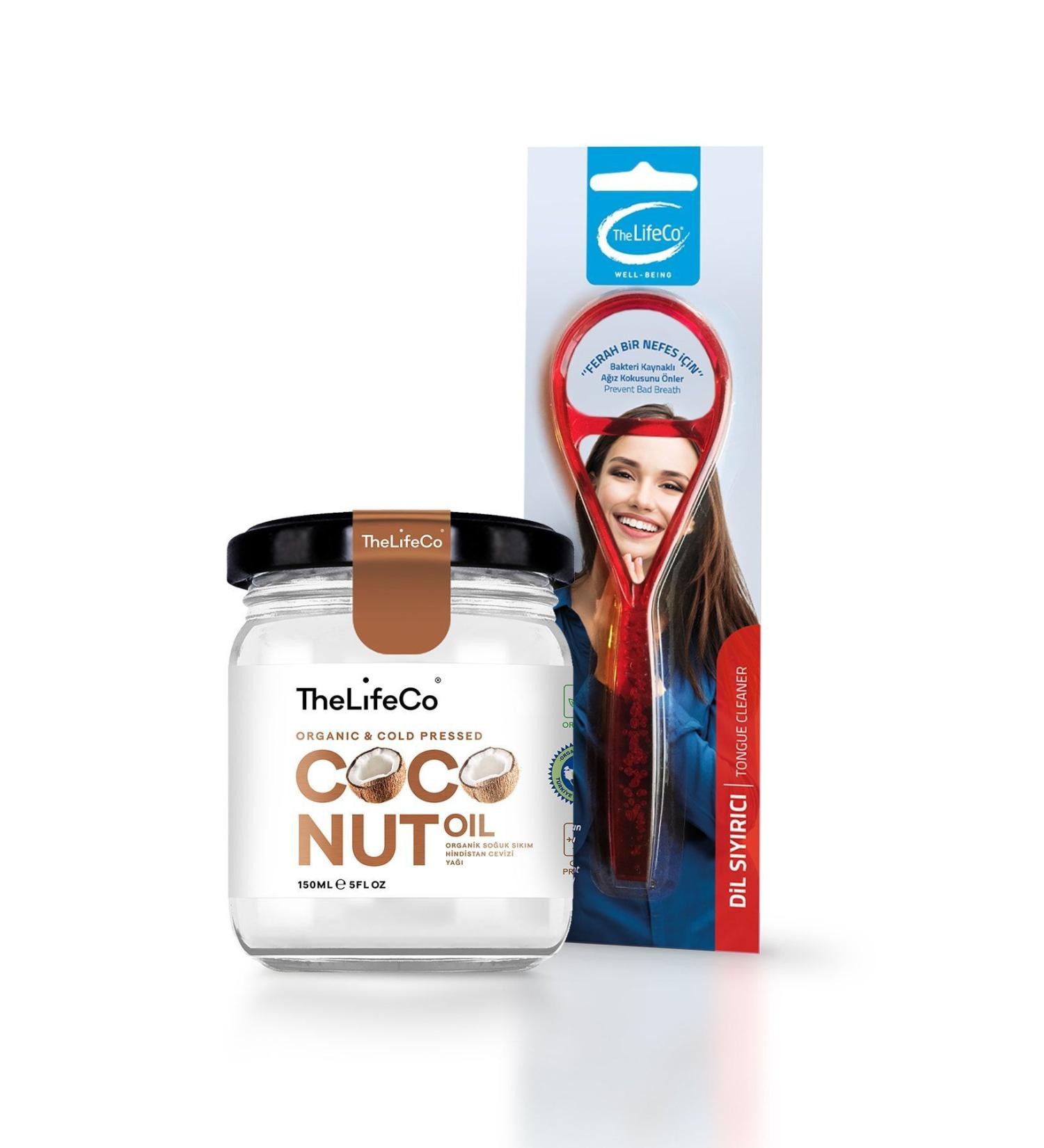 TheLifeCo Organic Cold Pressed Coconut Oil 150 ml (VEGAN) & Tongue Scraper - Tongue Cleaner Red - Buy Online on GoSupps.com