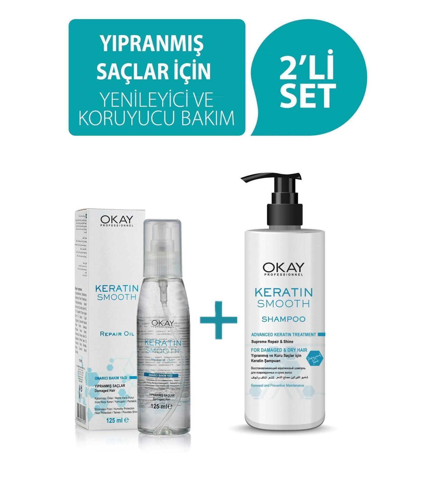 OKAYPROFESSIONNEL Keratin Smooth Shampoo 500 Ml + Care Oil 125 Ml