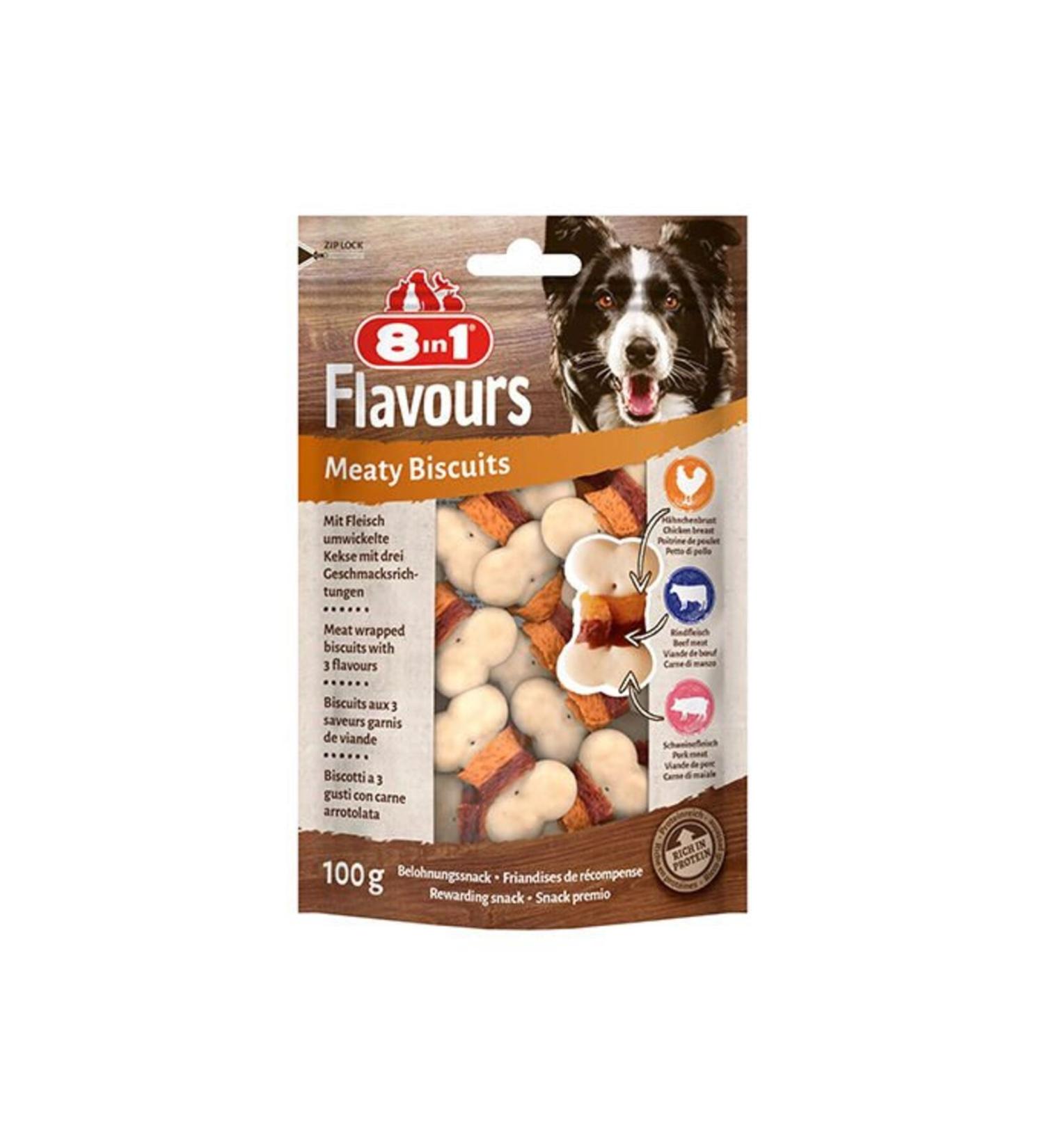 8in1 Flavours Meaty Biscuits Crunchy Dog Treats 100 gr - Petshopundan
