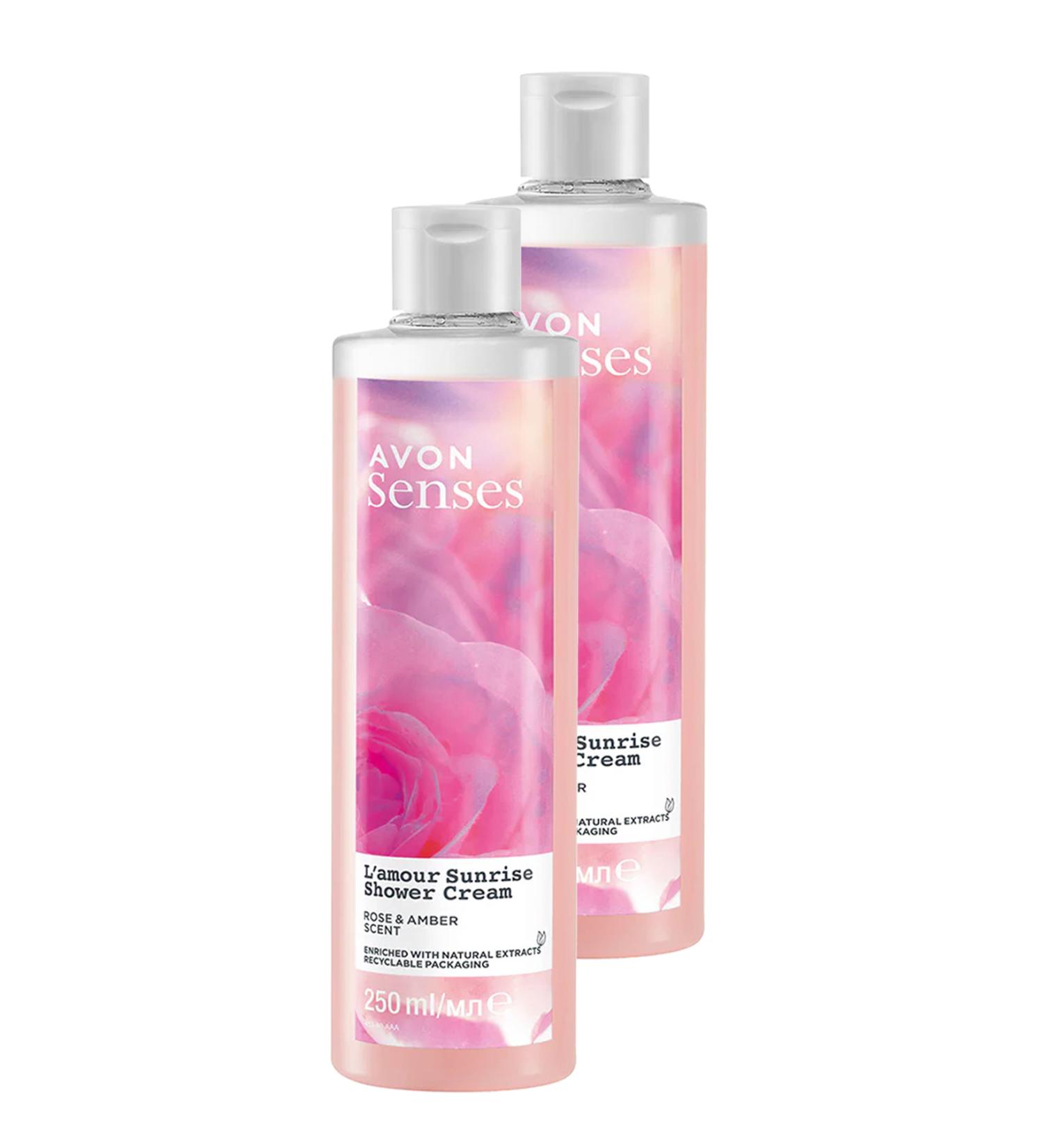 Avon L'amour Sunrise Rose and Amber Scented Cream Shower Gel 250 Ml. Set of Two