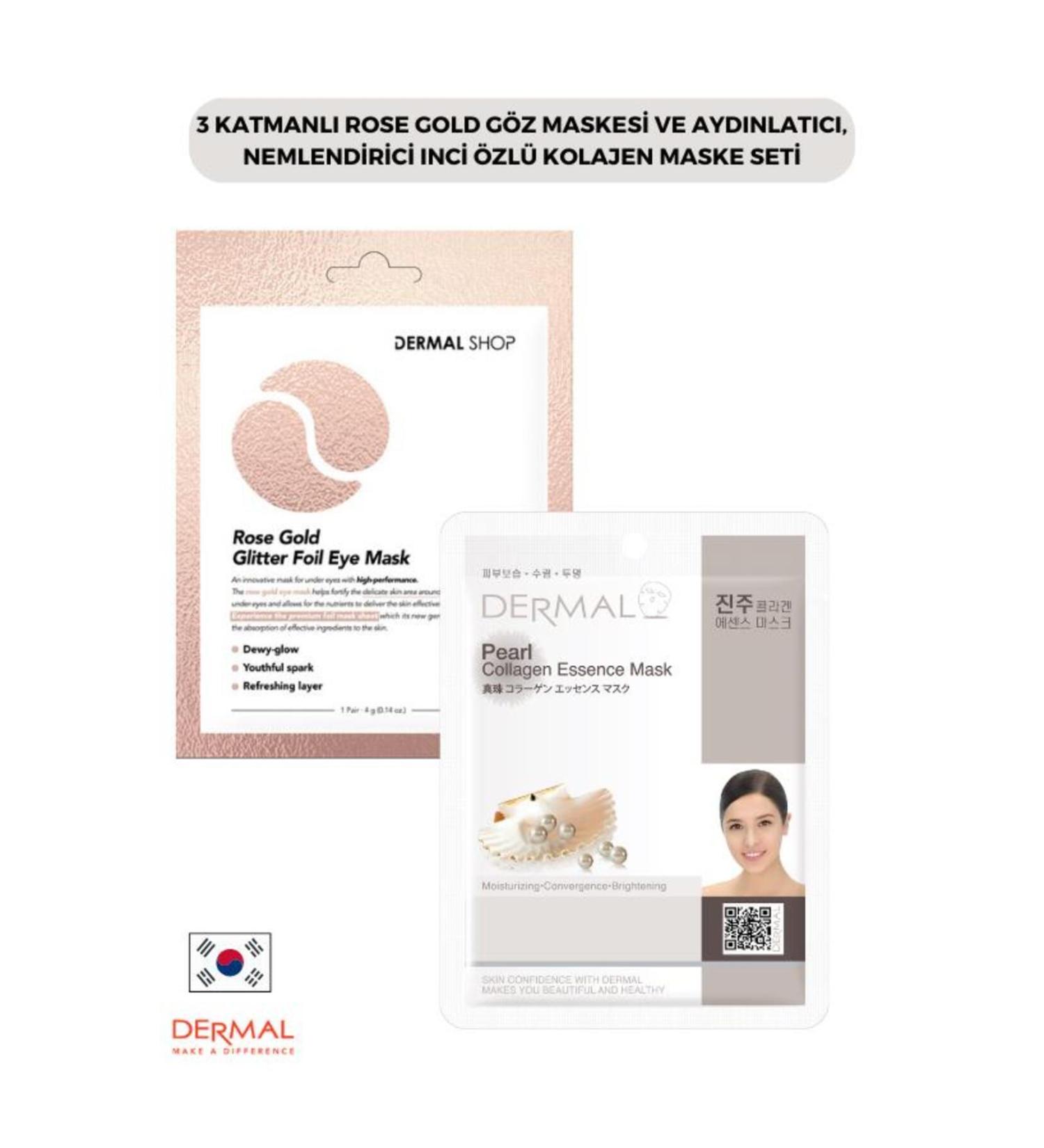 Dermal 3 Layer Rose Gold Eye Mask and Brightening Moisturizing Pearl Essence Collagen Mask Set
