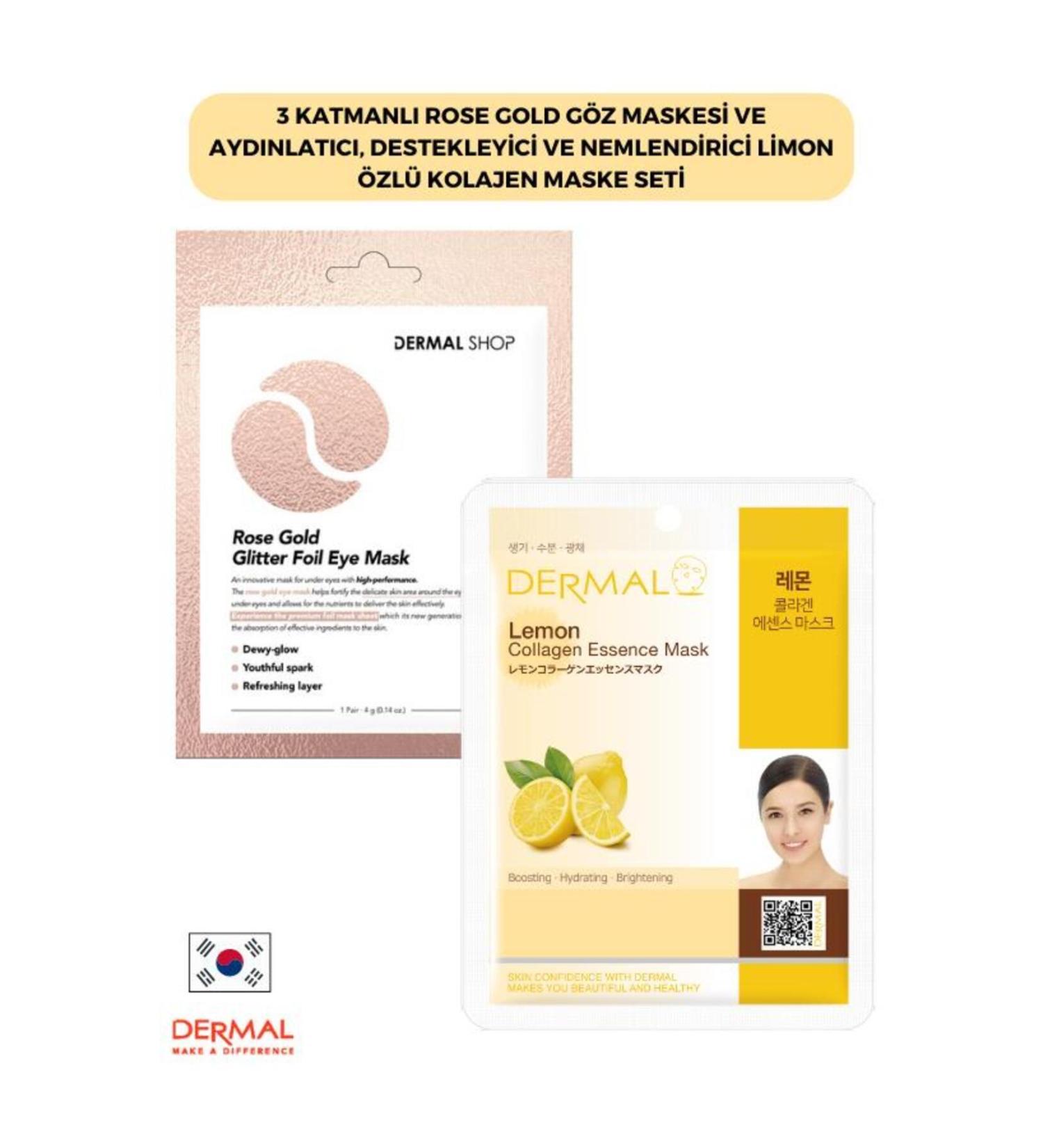 Dermal 3 Layer Rose Gold Eye Mask and Brightening Supportive and Moisturizing Lemon Extract Collagen Mask