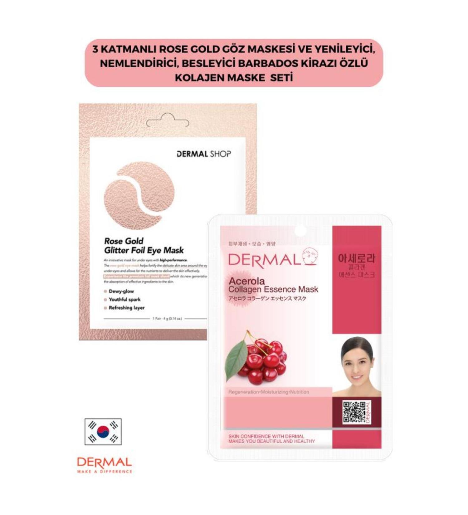 Dermal 3 Layer Rose Gold Eye Mask with Renewing Moisturizing Nourishing Barbados Cherry Extract Collagen