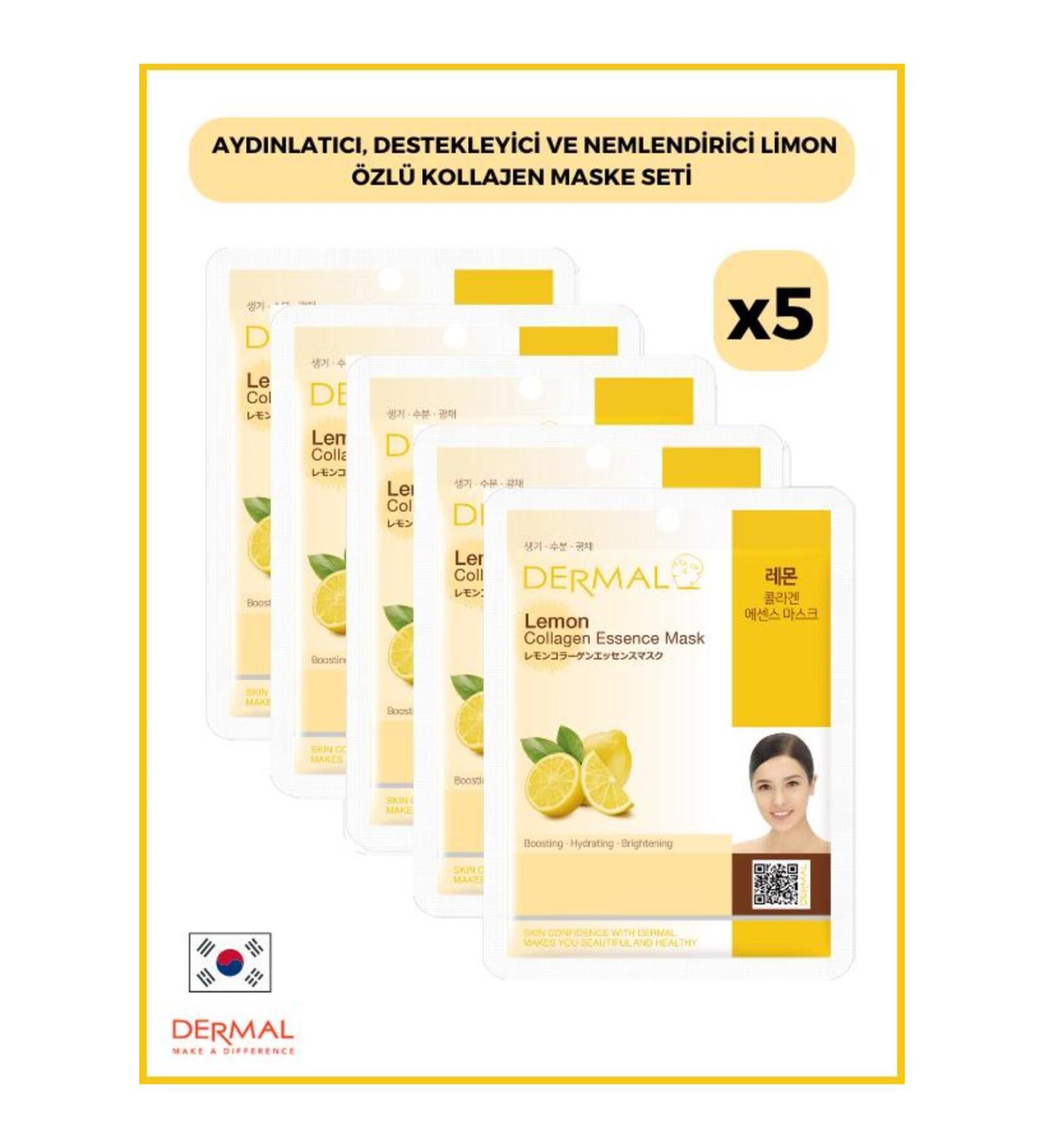 Dermal Brightening Supportive and Moisturizing Lemon Essence Collagen Mask 23 Gr 5 Pieces