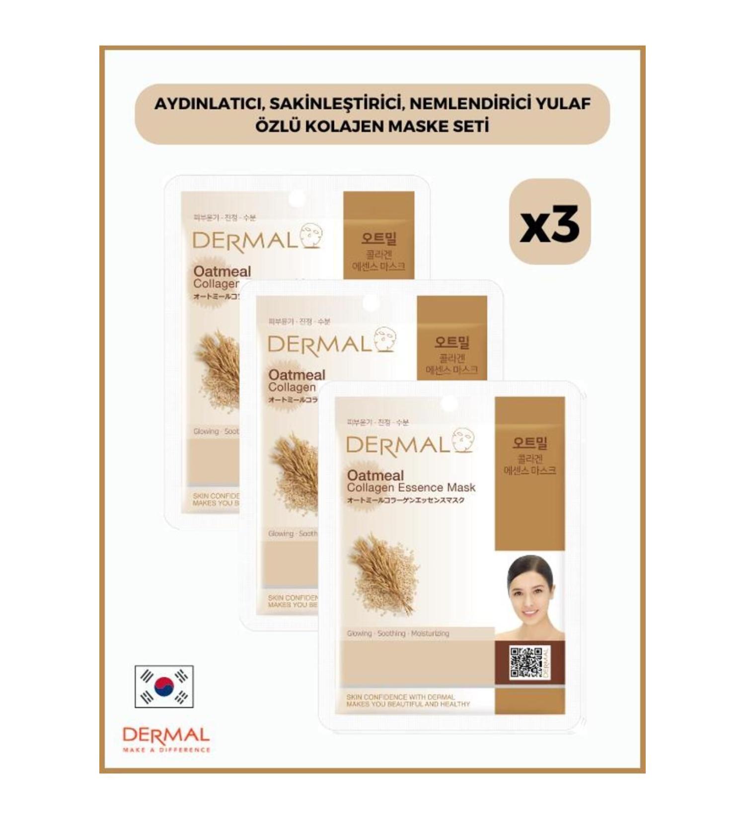 Dermal Brightening Calming Moisturizing Oatmeal Collagen Mask 23 Gr 3 Pieces