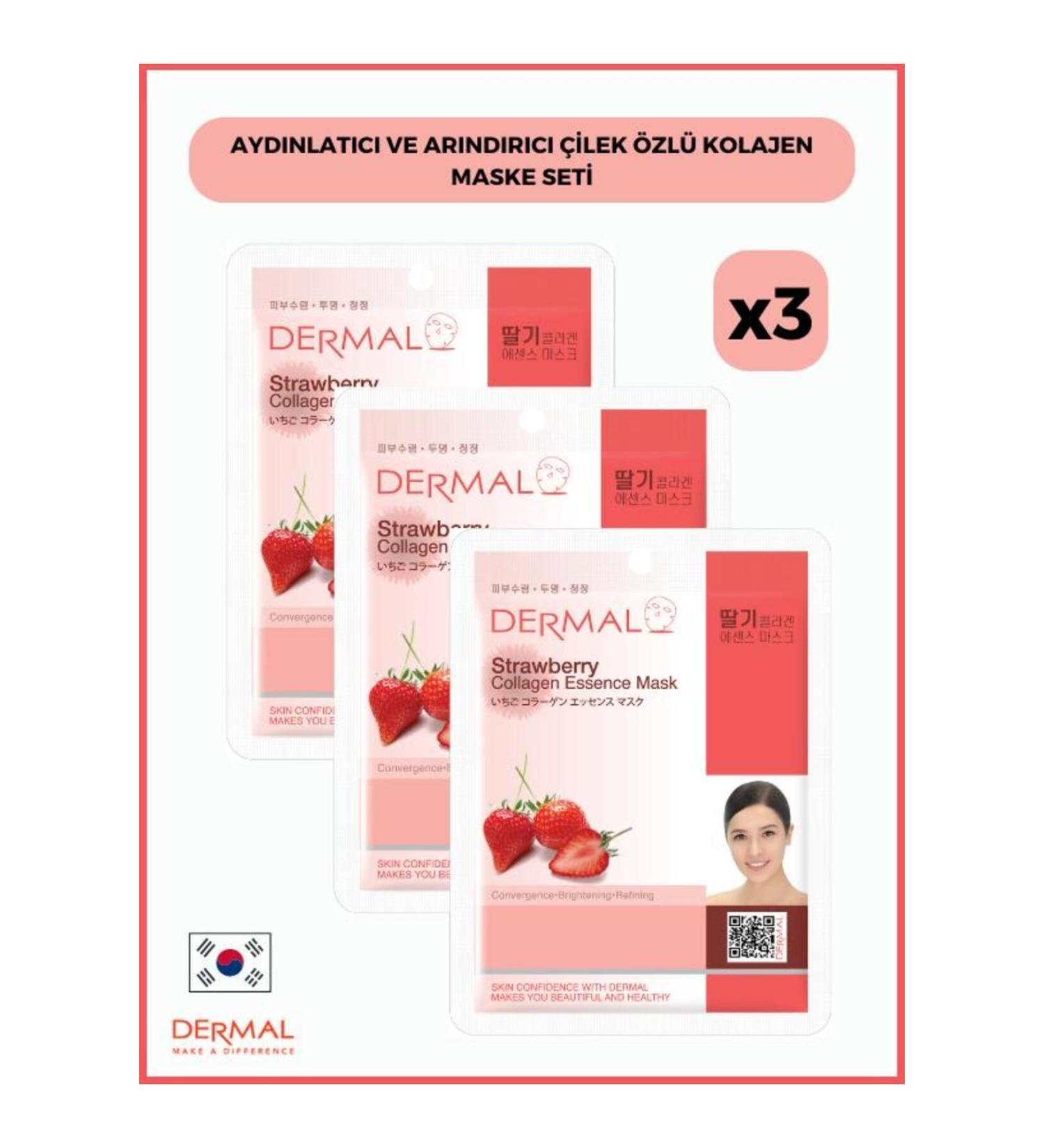 Dermal Brightening and Purifying Strawberry Extract Collagen Mask 23gr 3 Pieces