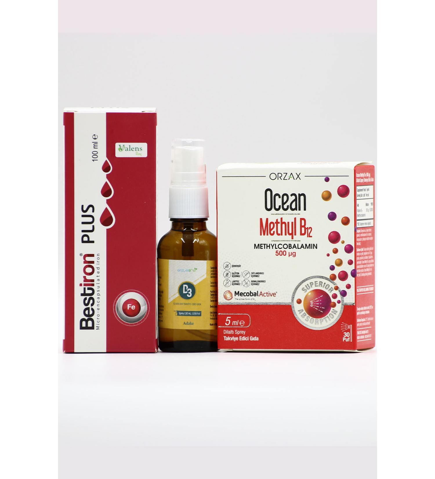Ocean Iron Vitamin D and B12 Containing Health Set: Bestiron Plus Estellife D3 & Ocean Methyl B12 - Buy Online on GoSupps.com