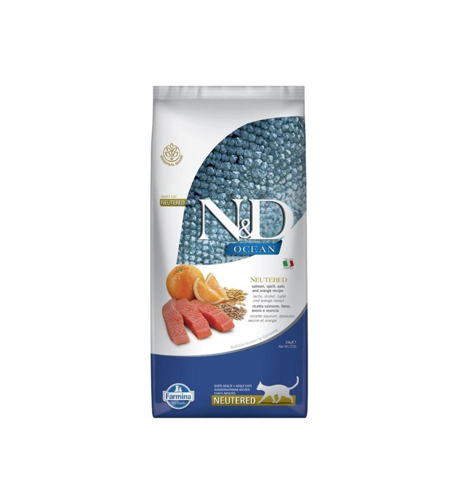 N & D Ocean Salmon Wheat Oat & Orange Sterilized Adult Cat Food 10 Kg