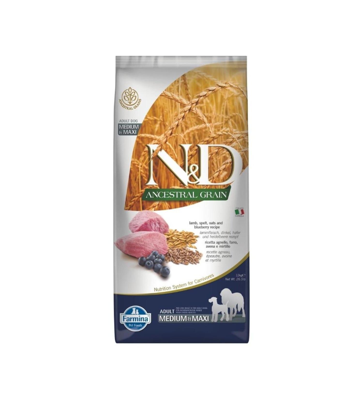 N & D Ancestral Grain Lamb Wheat Oat & Blueberry Medium and Large Breed Adult Dog Food 12 Kg