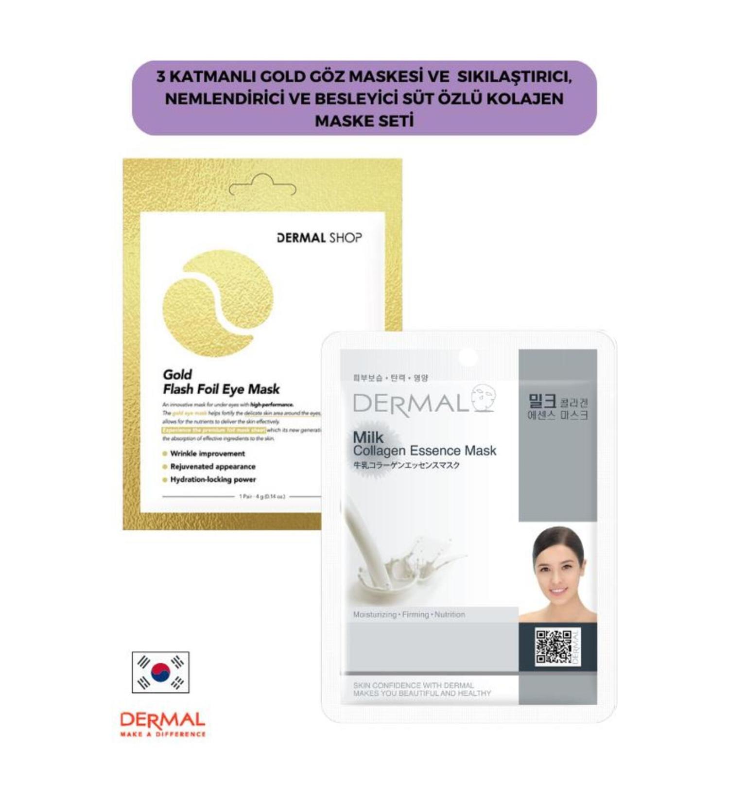 Dermal 3 Layer Gold Eye Mask and Firming Moisturizing and Nourishing Milk Essence Collagen Mask Set