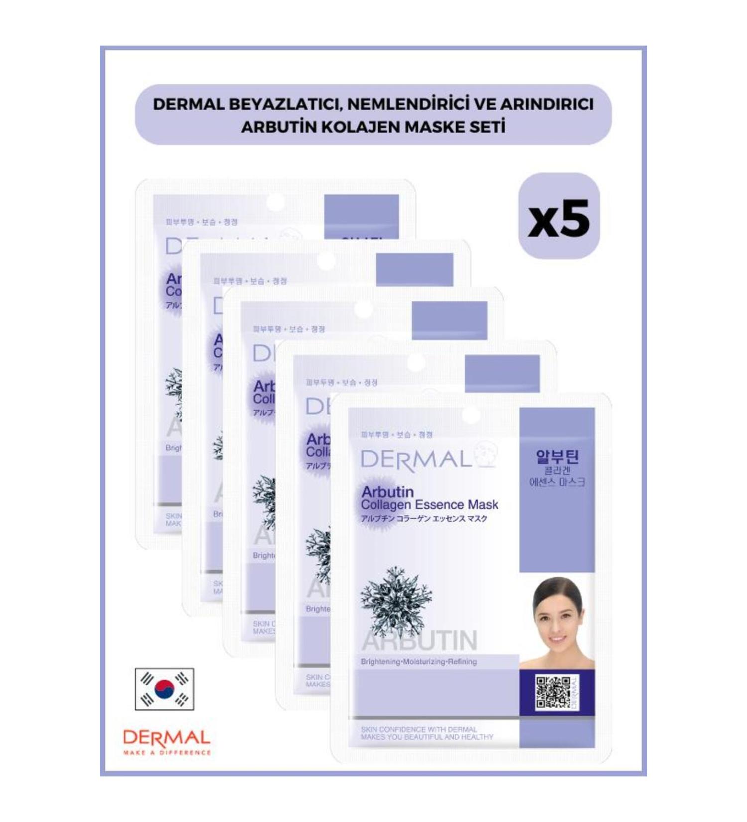 Dermal Whitening Moisturizing and Purifying Arbutin Collagen Mask 23gr 5 Pieces