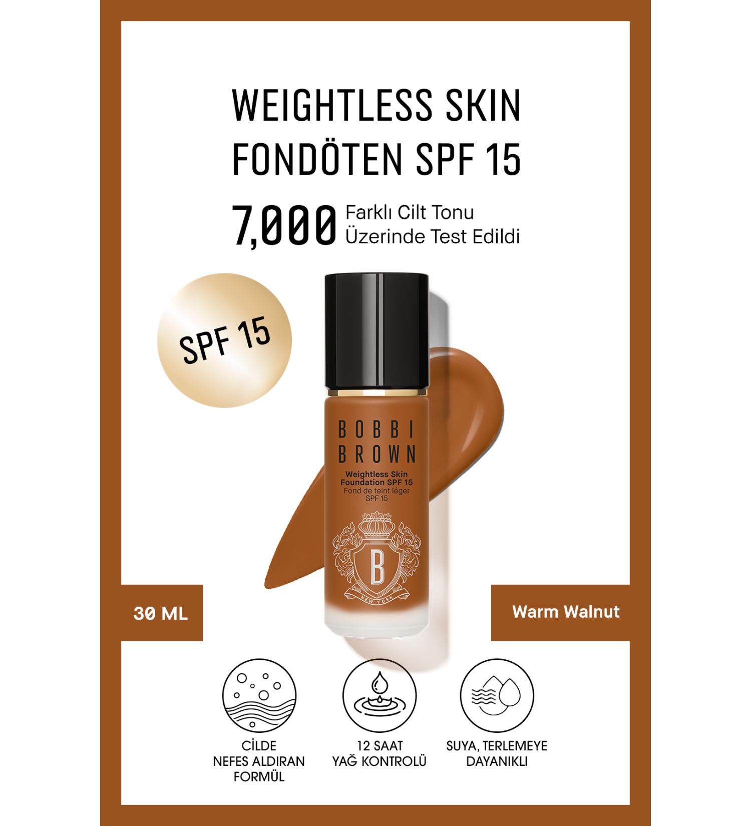 Bobbi Brown Weightless Skin 24 Hour Liquid Foundation SPF15 - Natural and Matte Finish - Warm Walnut - 30ml - Buy Online on GoSupps.com