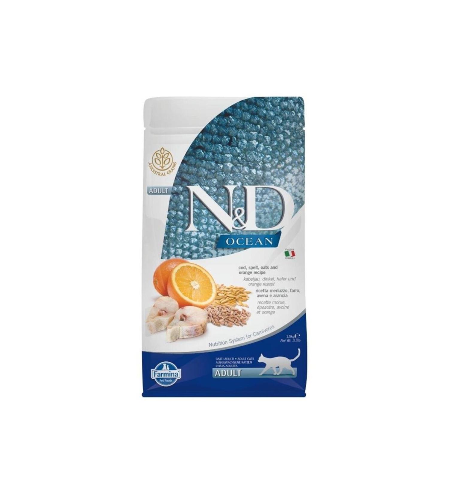 N & D Ocean Cod Fish Wheat Oat & Orange Adult Cat Food 1.5 Kg