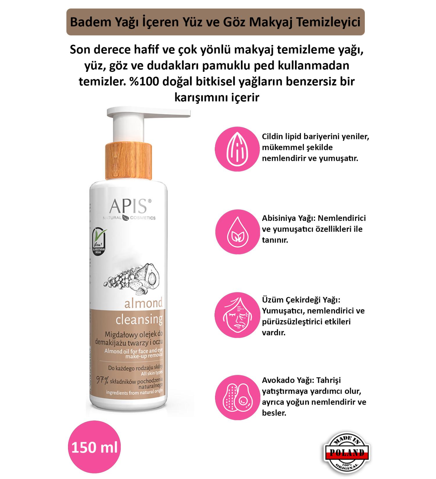 Apis Natural Cosmetics Face and Eye Make-Up Remover - Almond Oil - 150ml