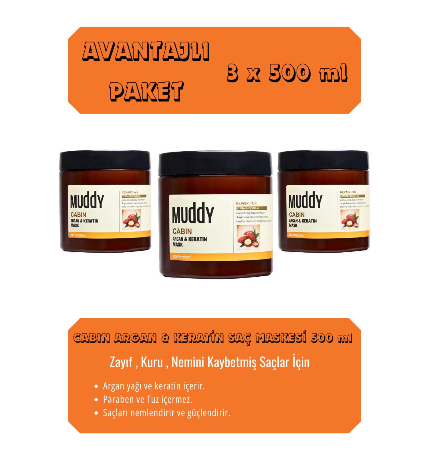 Muddy Cabin Argan and Keratin Mask Care Cream for Dry Weak and Breaking Hair 500 ml x 3