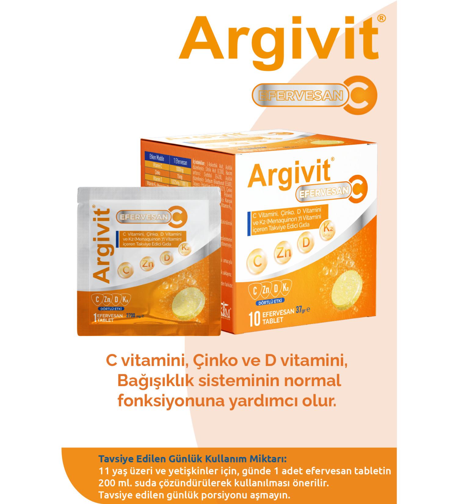Argivit Effervescent Vitamin C Zinc Vitamin D and Vitamin K2 (MENAQUINON 7) Containing Supplement - 10 Sachets - Buy Online on GoSupps.com